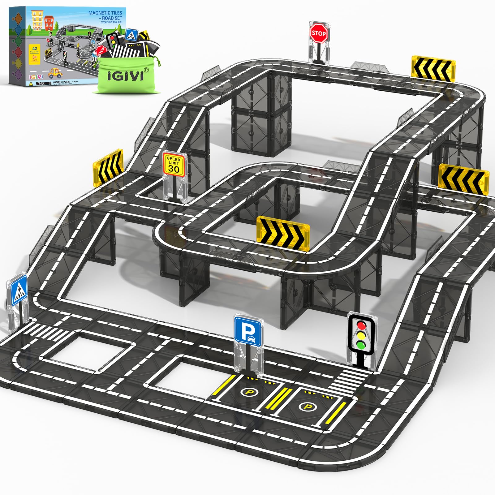 Magnetic Tiles Road Expansion Pack 42 PCS, STEM Magnetic Building Blocks for Kids, Educational Montessori Sensory Toys