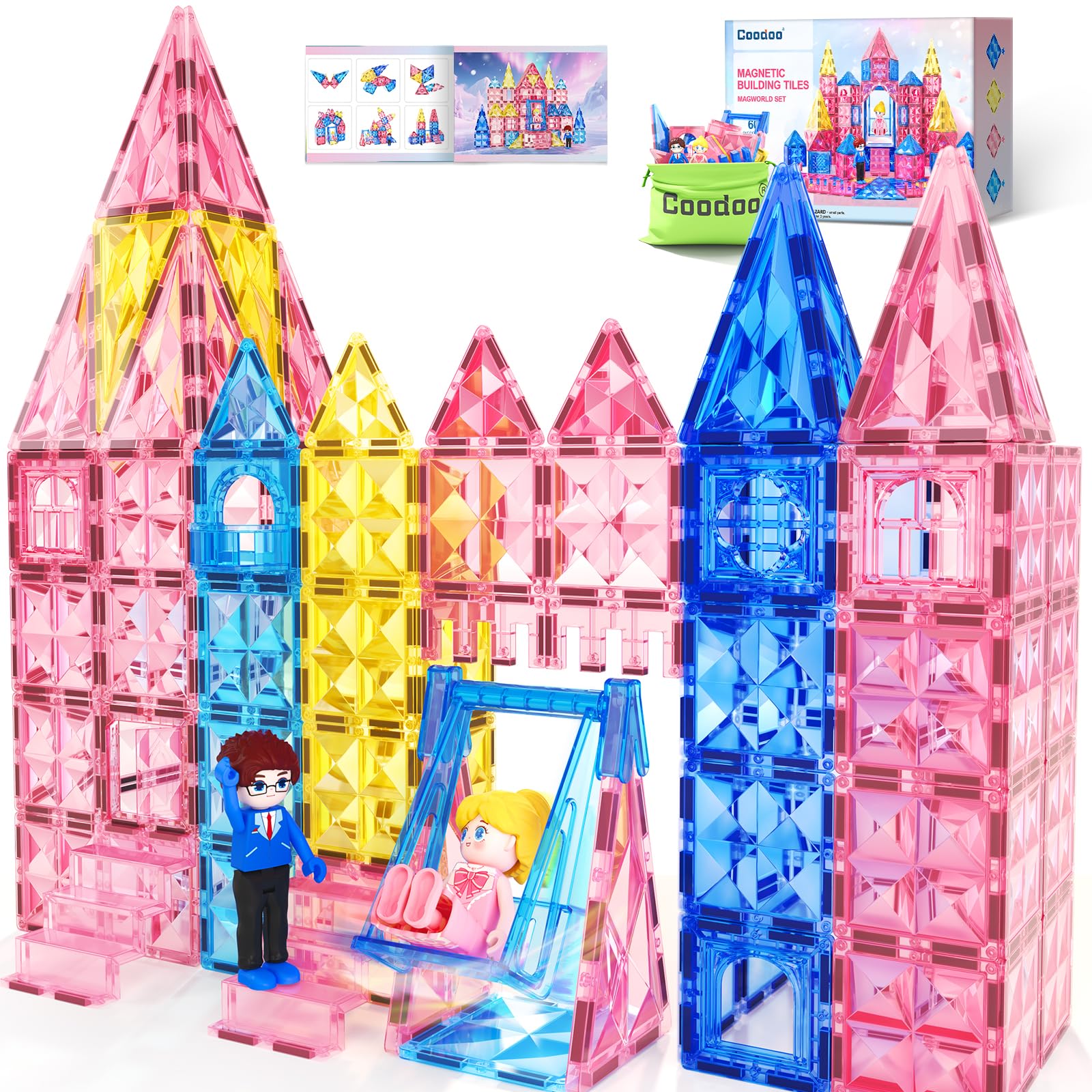 Diamond Magnetic Tiles Magnetic Building Blocks 60 PCS STEM Sensory Toy for Boys Girls Pink Castle Dollhouse
