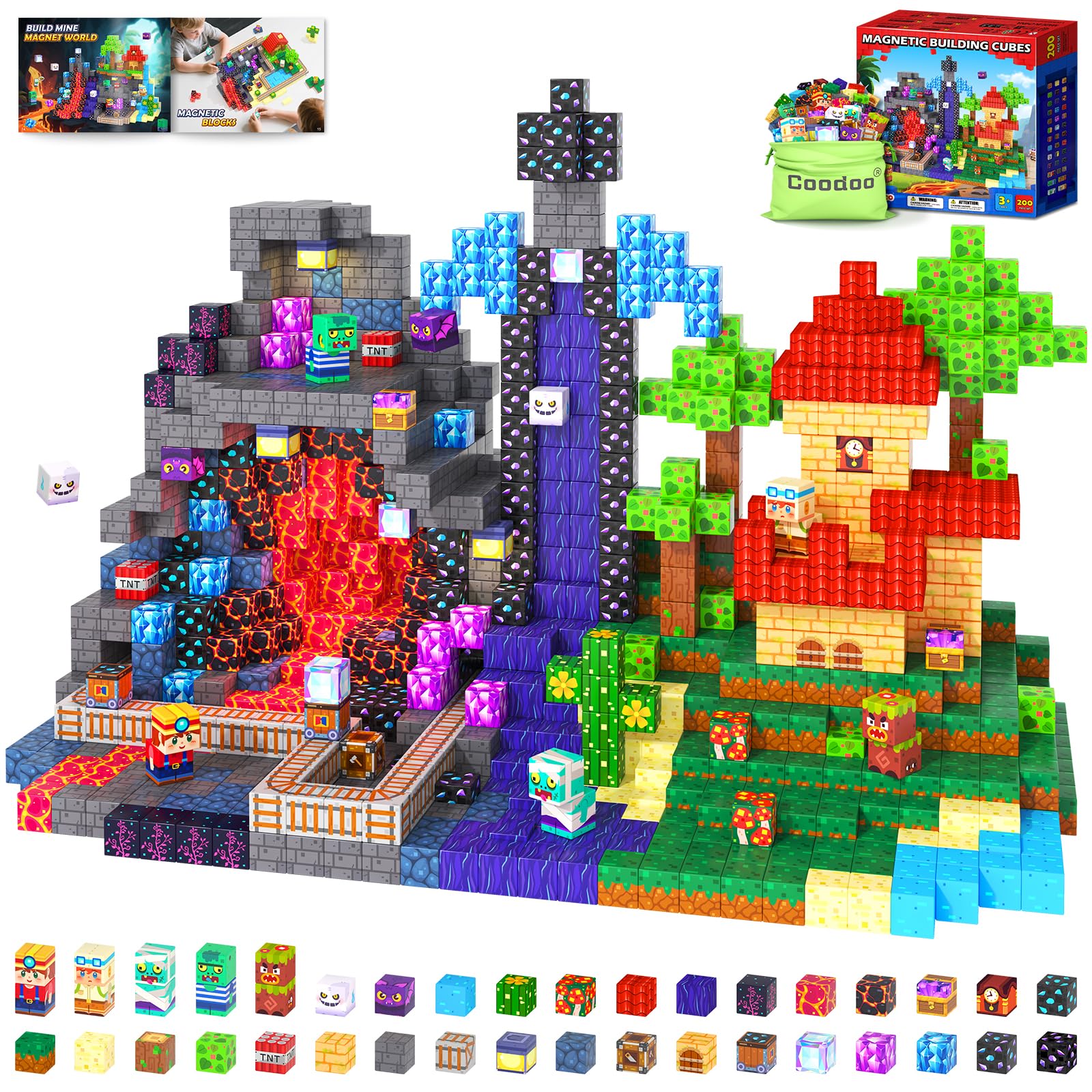 Magworld 200 PCS Magnetic Blocks Magnet Toy Outdoor Sensory Toddler Toys Gift for Kids