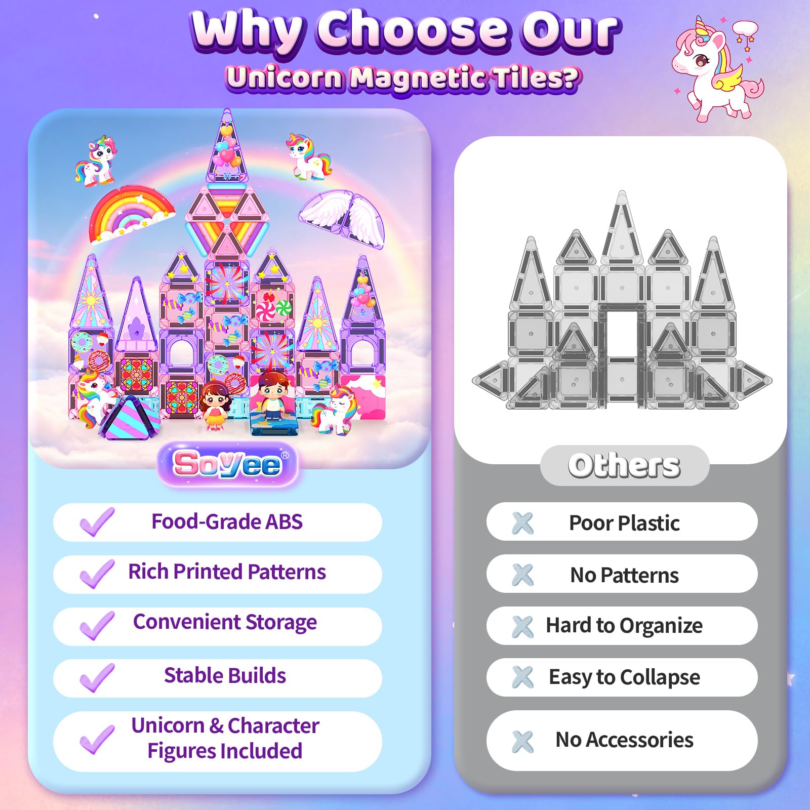 Mini Magnetic Tiles Building Blocks with 4 Unicorn Toys Girls Toys Gifts