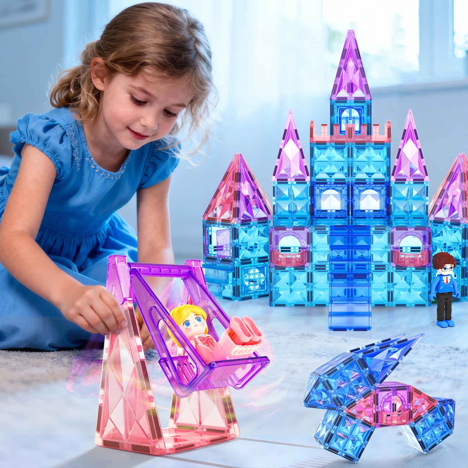 Diamond Magnetic Tiles & Building Blocks 60 PCS — Princess Toys for Girls & Boys, Toddler Girl Gifts