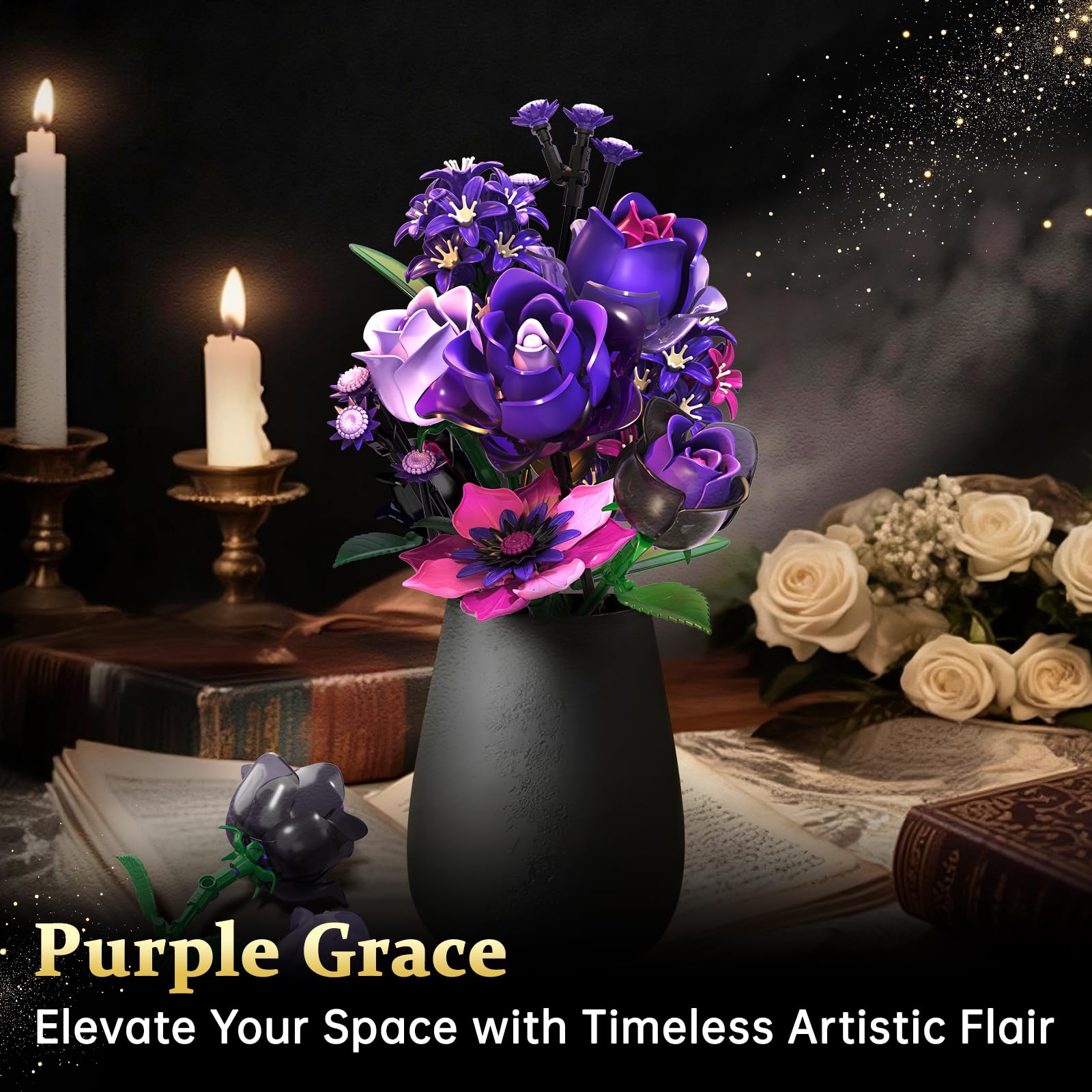 Gothic Rose Bouquet Building Set, Compatible with Lego Flowers, Halloween Botanical Collection for Home Decor,