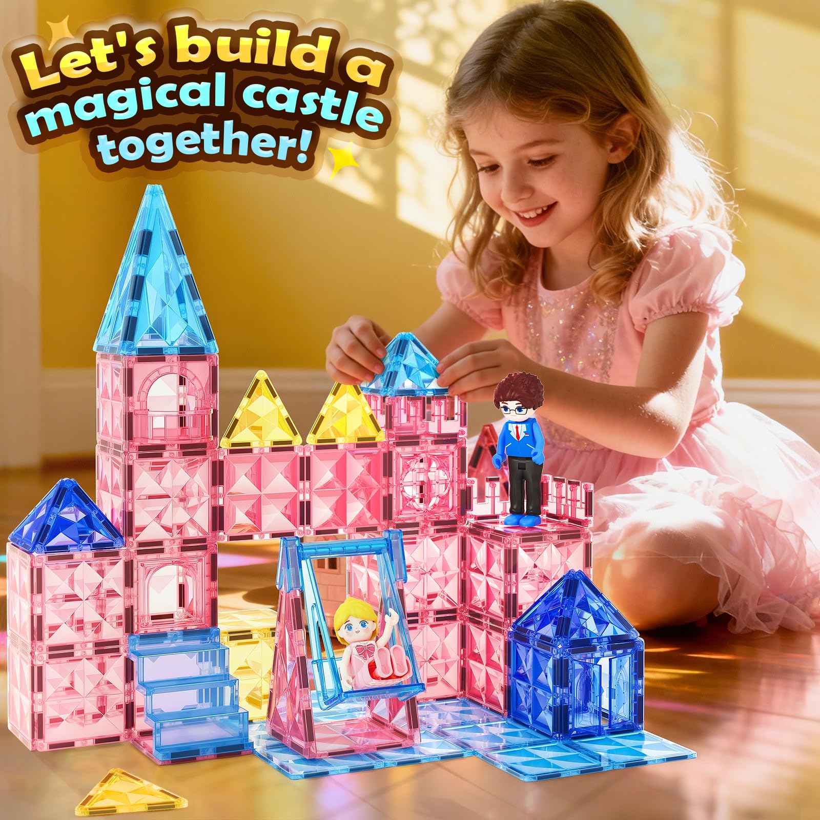 Diamond Magnetic Tiles Magnetic Building Blocks 60 PCS STEM Sensory Toy for Boys Girls Pink Castle Dollhouse
