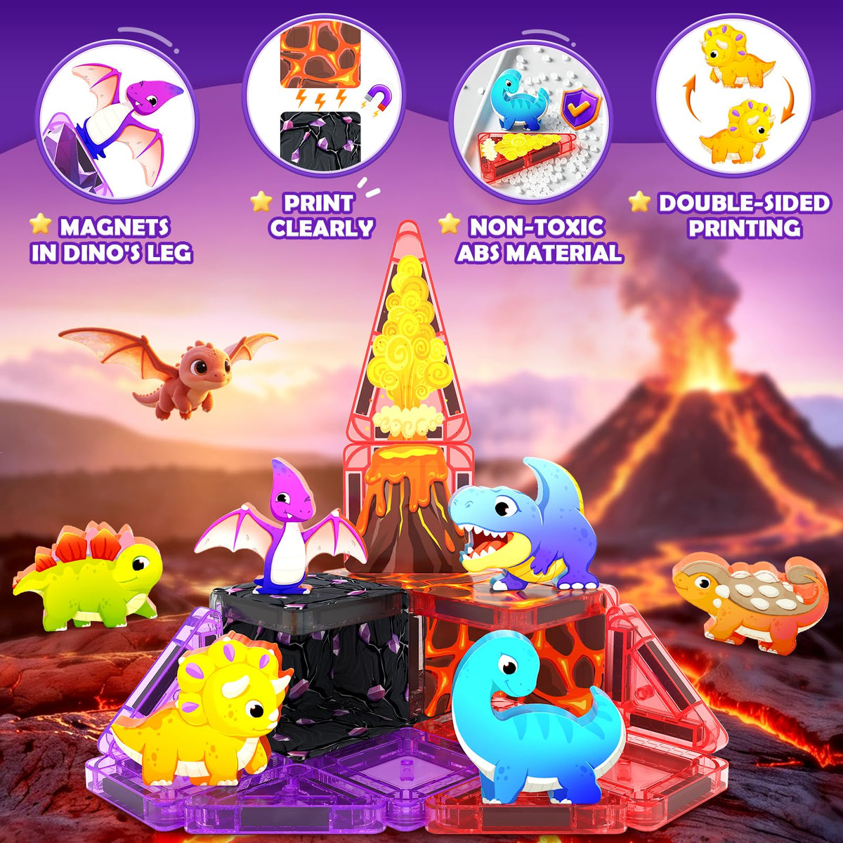 Mini Magnetic Tiles Kids Dinosaur Toys, Magnetic Blocks with 6 Dinosaurs