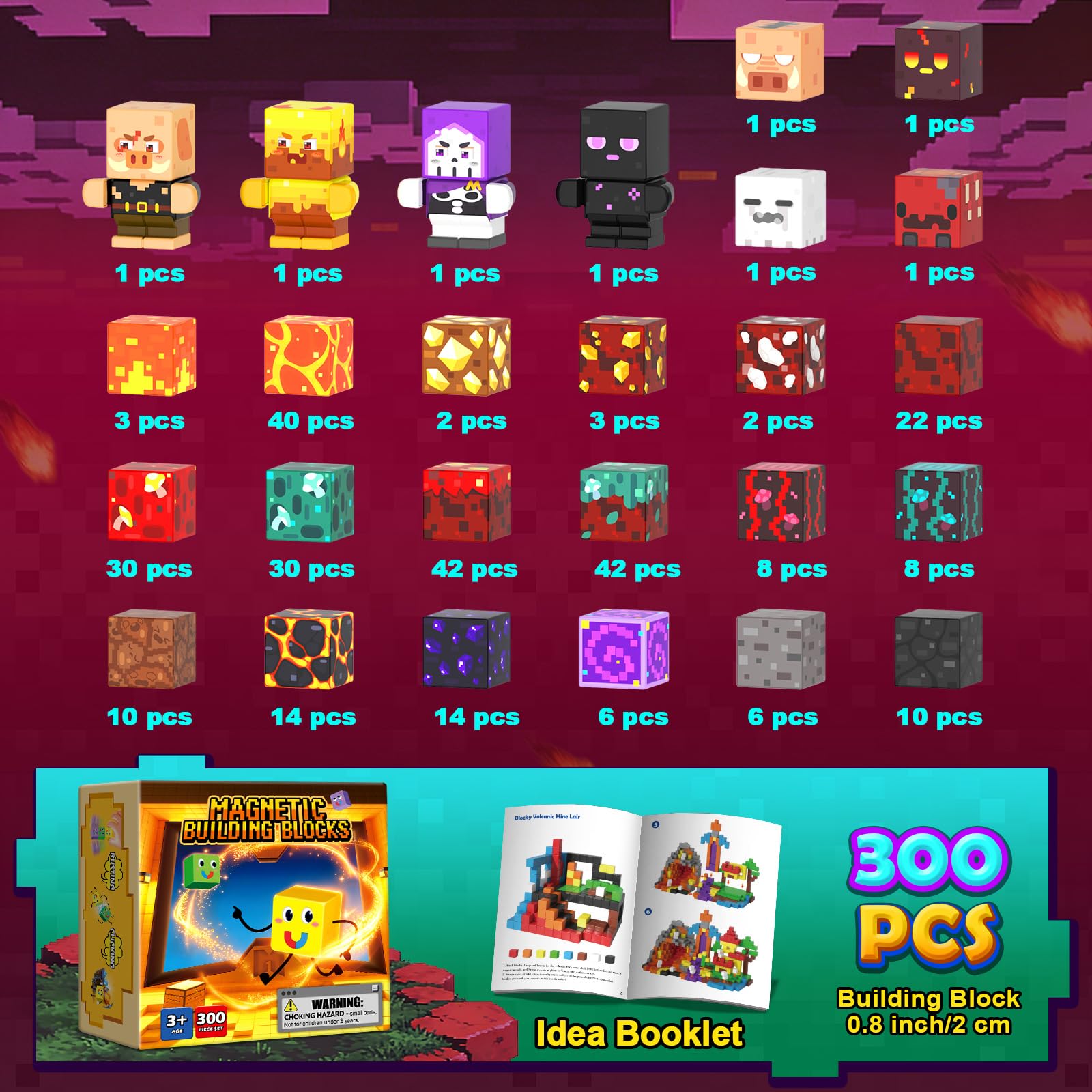 300PCS 0.8in Magnetic Blocks, 8 Strong Magnets Building Cubes Support Misaligned Stacking, Nether Theme STEM Toys