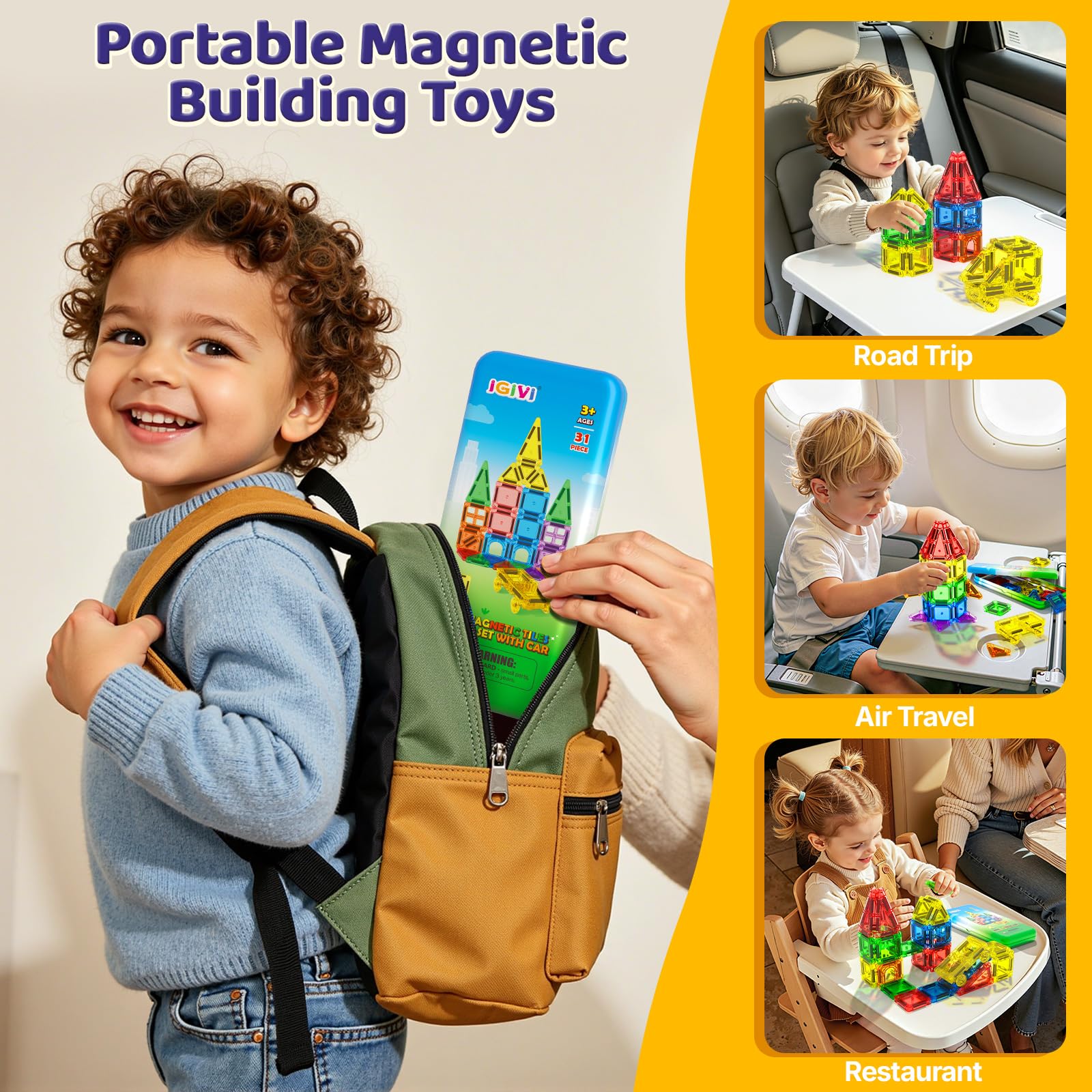 Mini Magnetic Tiles Travel Set with Car 31 PCS Magnetic Toys for Toddlers Portable Travel Kids Toys with Metal Storage Box