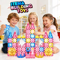 Magnetic Tiles 102pcs with 2 Stairs 2 Dolls Princess Castle Magnetic Building Blocks Girl Birthday Gifts