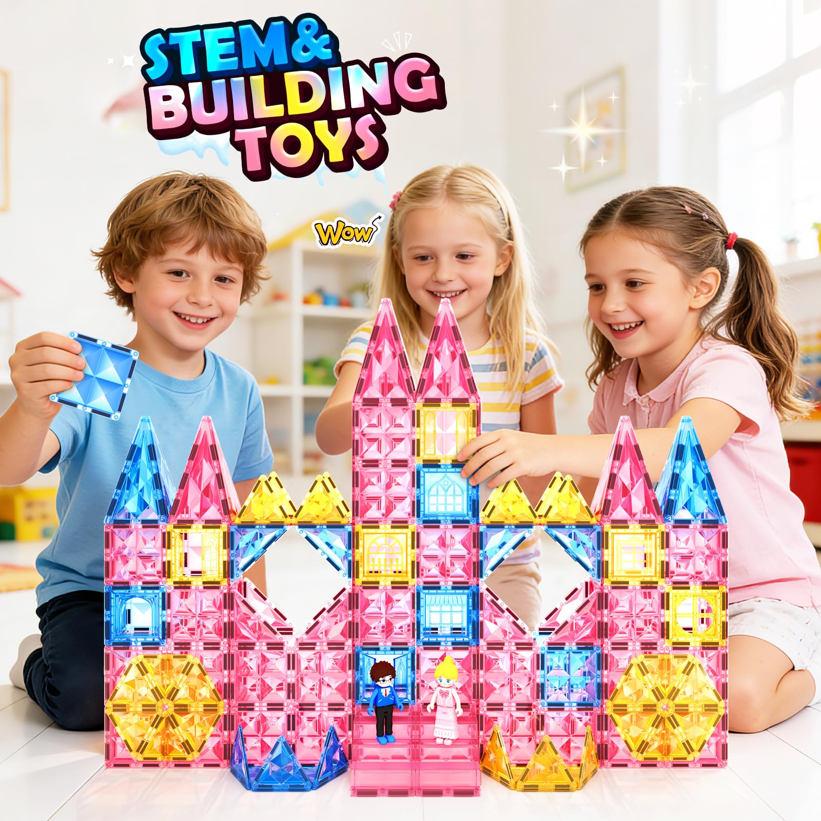 Magnetic Tiles 102pcs with 2 Stairs 2 Dolls Princess Castle Magnetic Building Blocks Girl Birthday Gifts