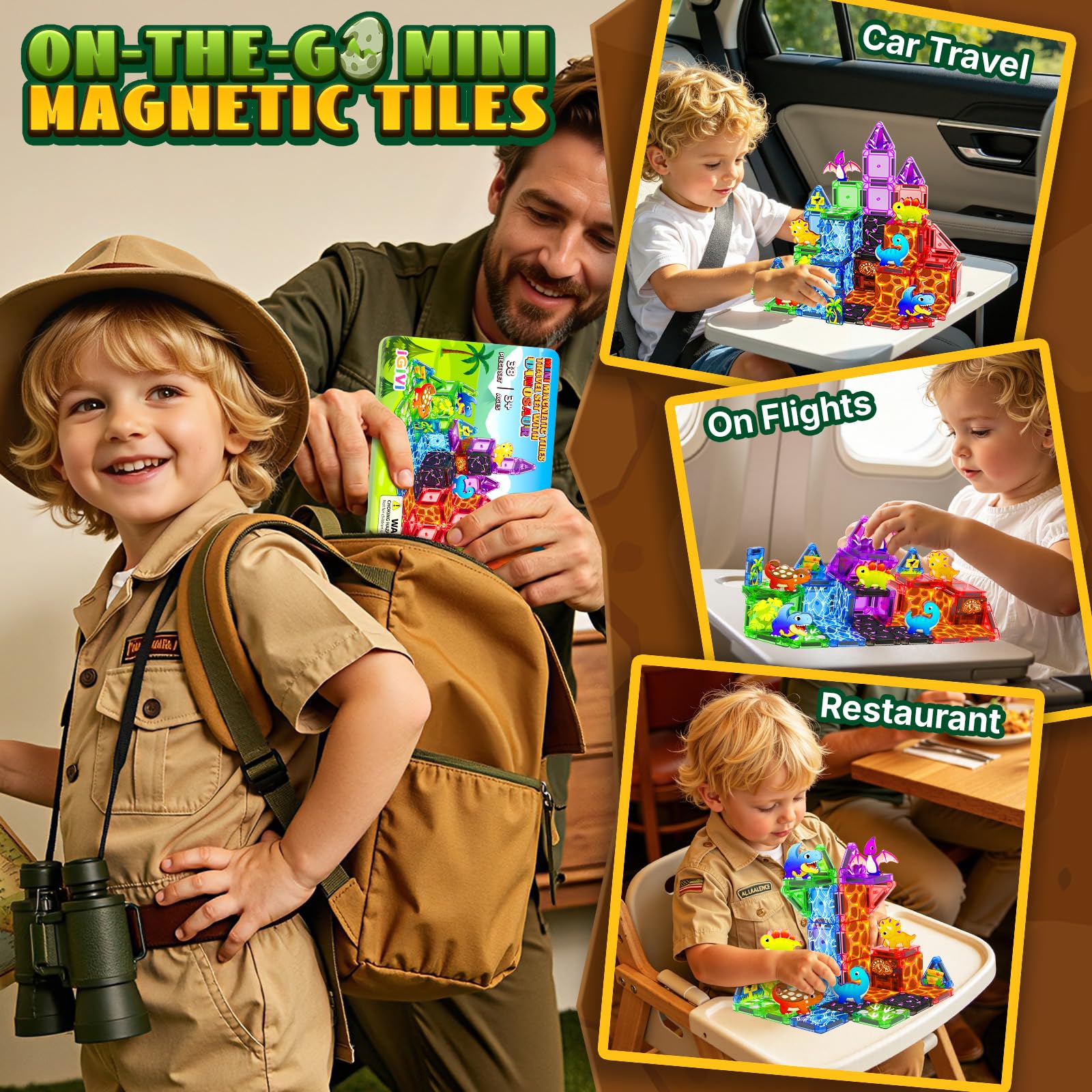 Mini Dinosaur Magnetic Tiles Travel Set for Toddlers, Magnet Toys with Case