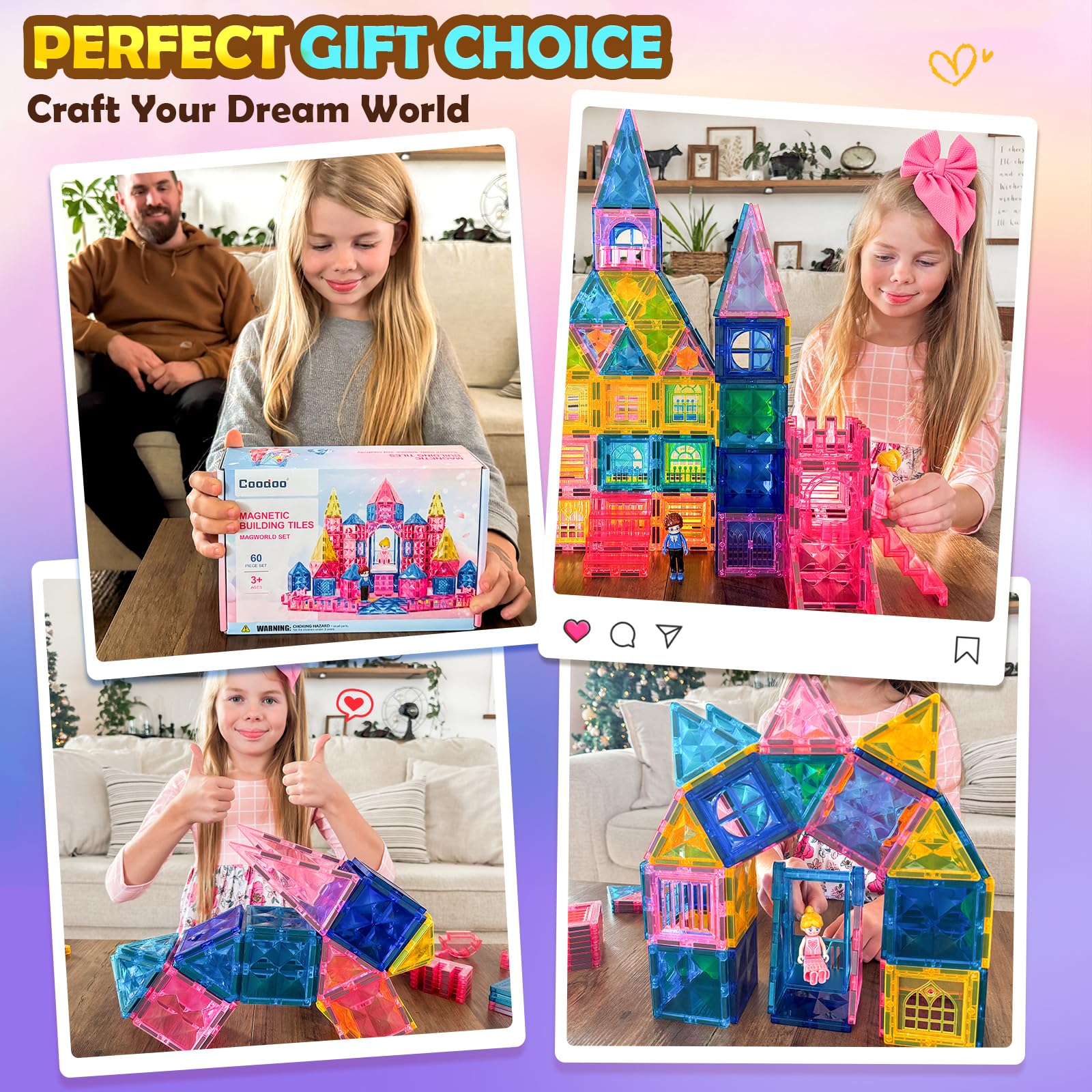 Diamond Magnetic Tiles Magnetic Building Blocks 60 PCS STEM Sensory Toy for Boys Girls Pink Castle Dollhouse