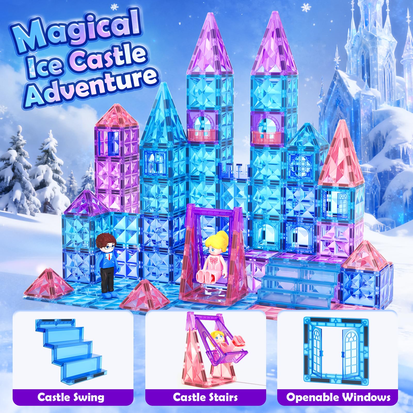 Diamond Magnetic Tiles & Building Blocks 60 PCS — Princess Toys for Girls & Boys, Toddler Girl Gifts