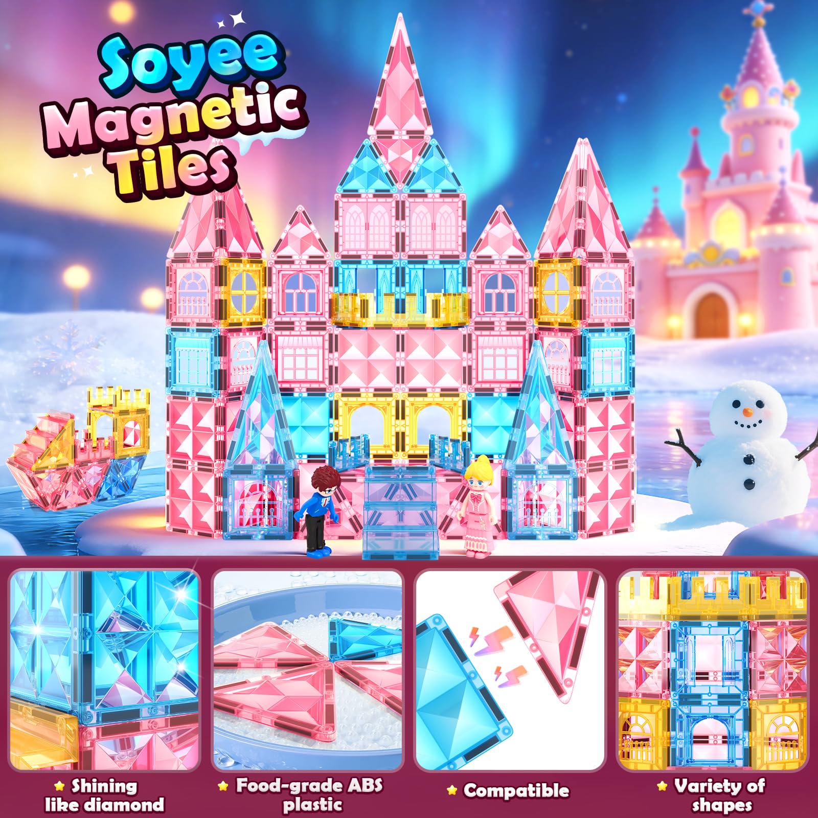Magnetic Tiles 102pcs with 2 Stairs 2 Dolls Princess Castle Magnetic Building Blocks Girl Birthday Gifts
