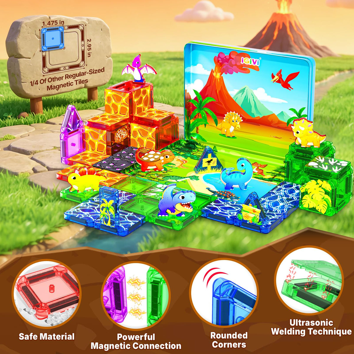 Mini Dinosaur Magnetic Tiles Travel Set for Toddlers, Magnet Toys with Case