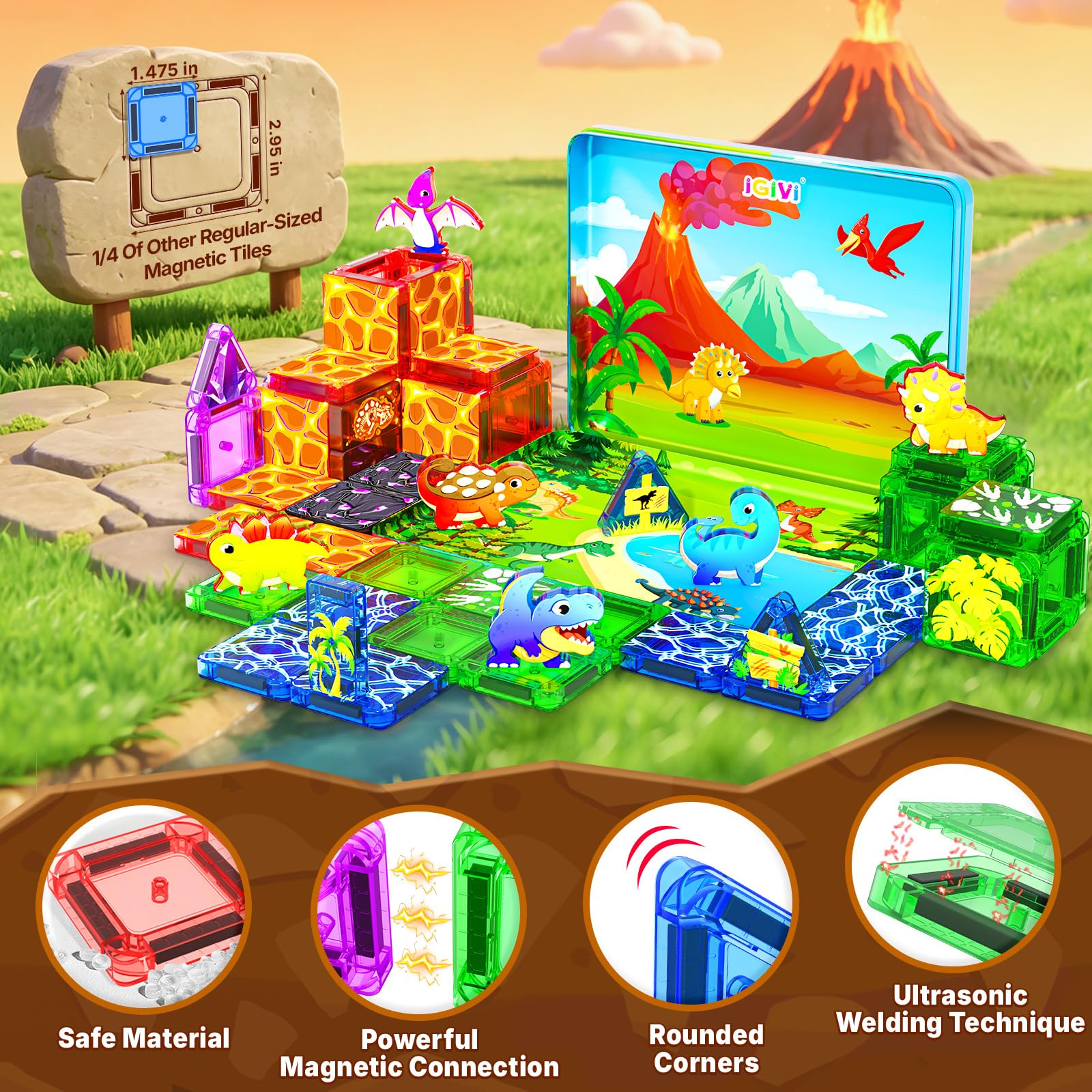 Mini Dinosaur Magnetic Tiles Travel Set for Toddlers, Magnet Toys with Case