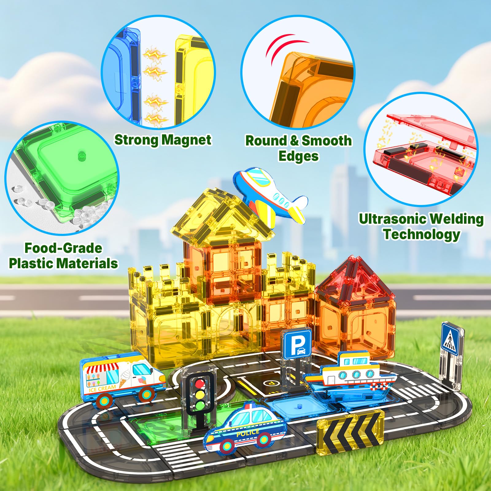 Magnetic Tiles Road Set 40 PCS, STEM Magnetic Blocks for Kids Construction Magnet Tiles