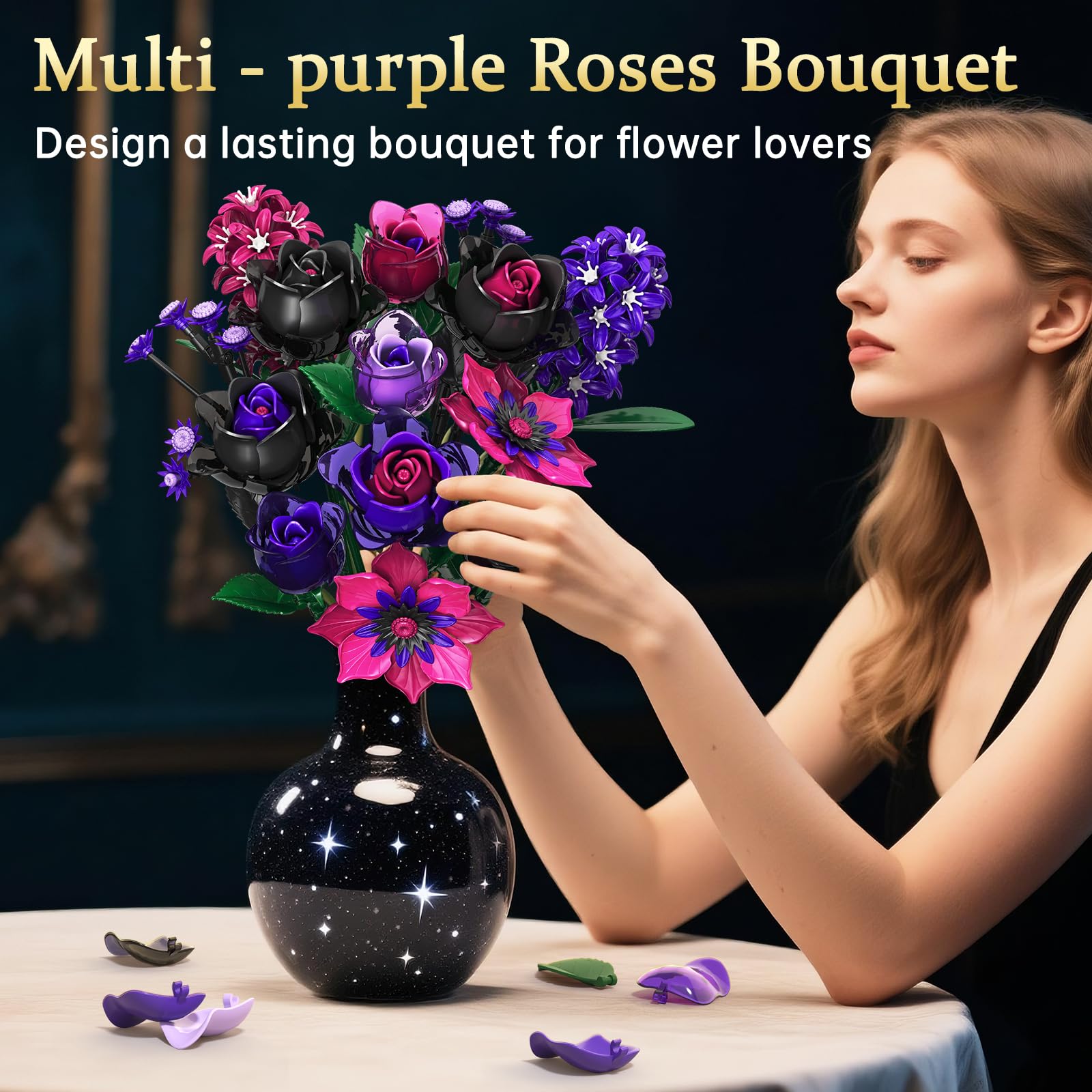 Gothic Rose Bouquet Building Set, Compatible with Lego Flowers, Halloween Botanical Collection for Home Decor,