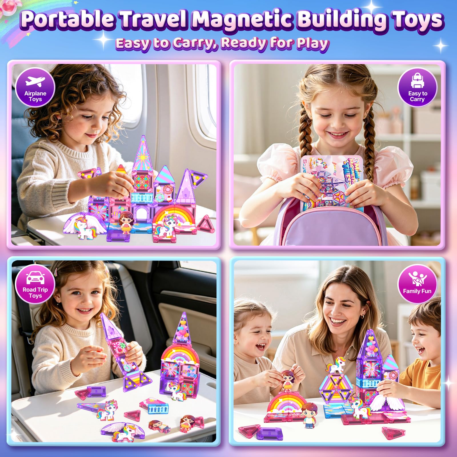 Mini Magnetic Tiles Building Blocks with 4 Unicorn Toys Girls Toys Gifts