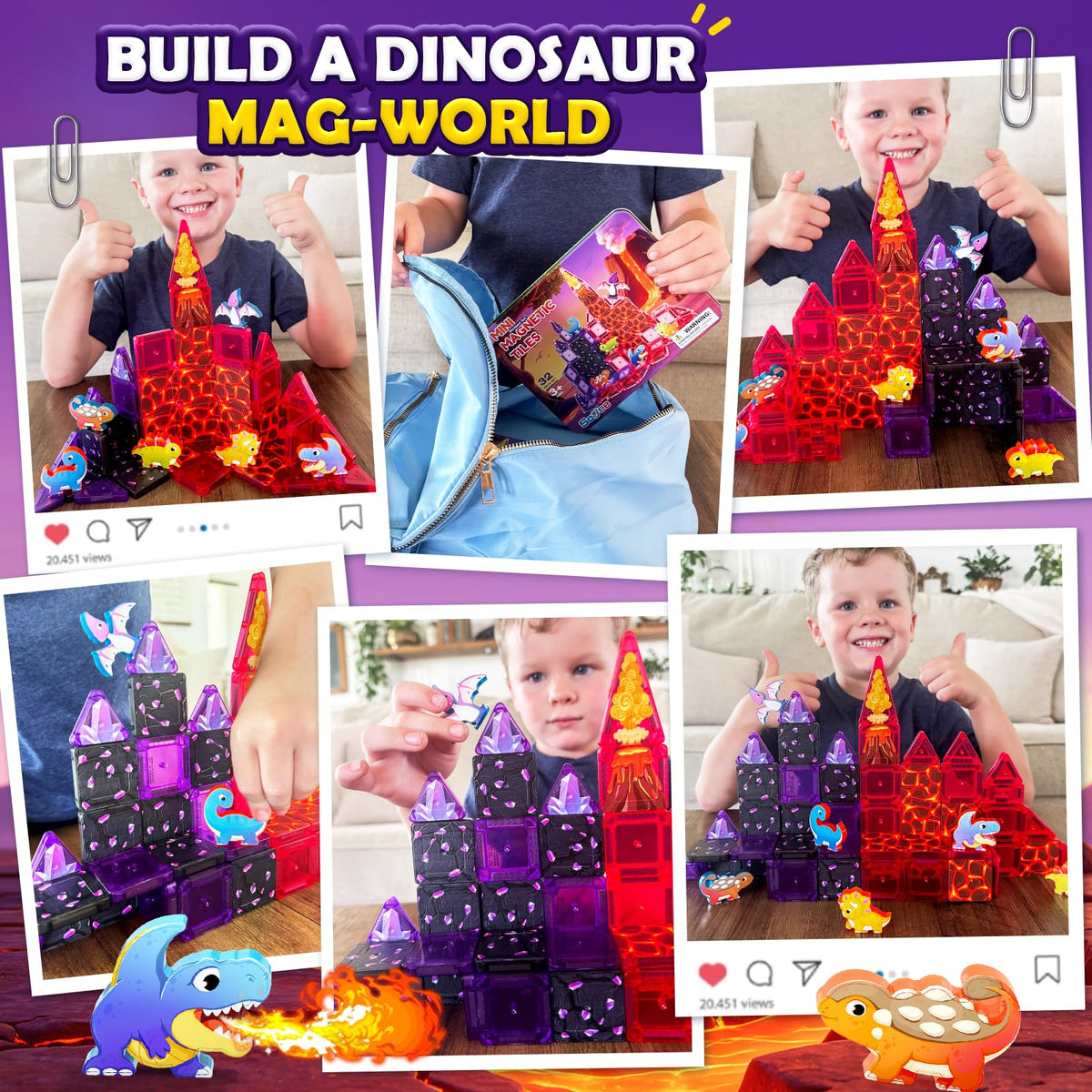 Mini Magnetic Tiles Kids Dinosaur Toys, Magnetic Blocks with 6 Dinosaurs