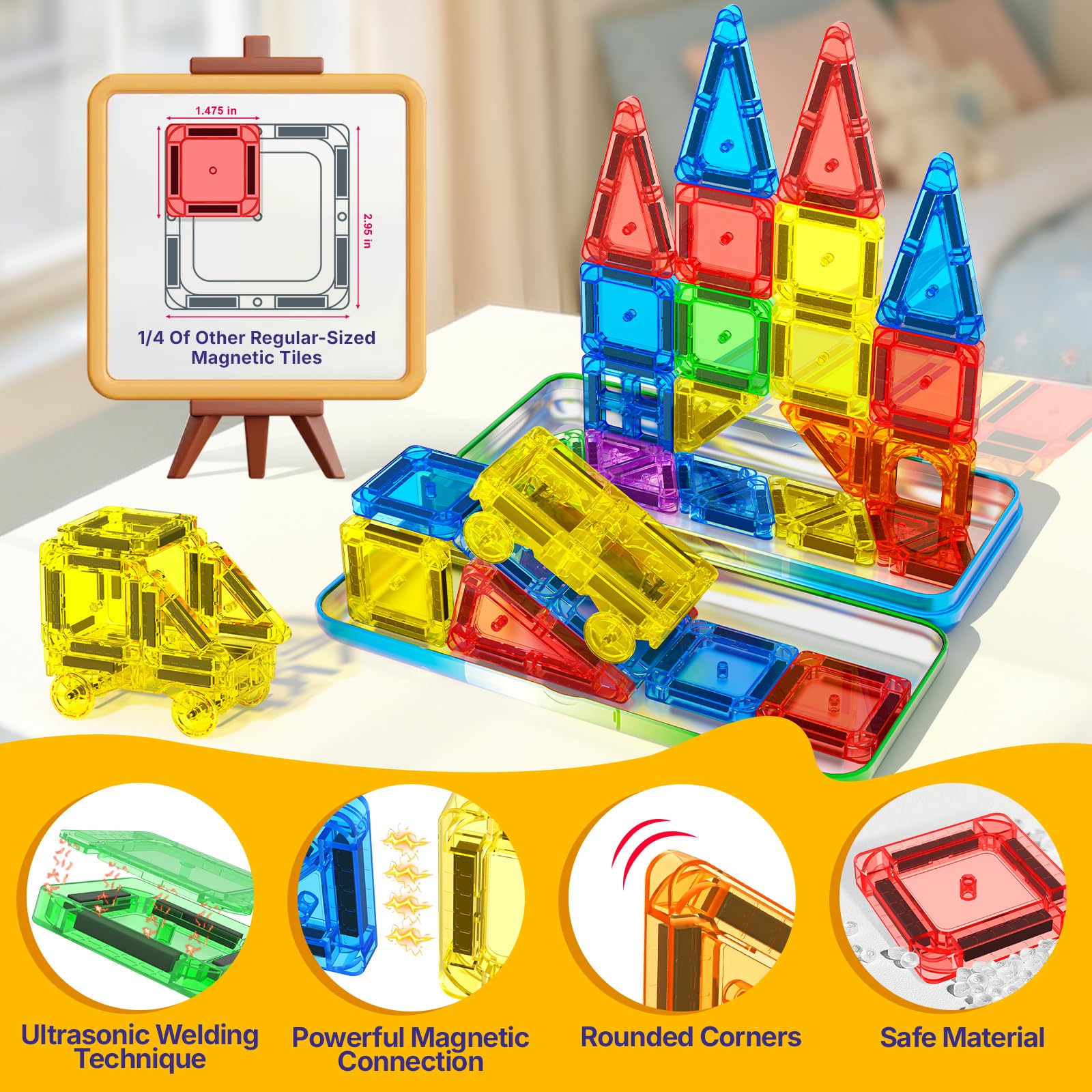 Mini Magnetic Tiles Travel Set with Car 31 PCS Magnetic Toys for Toddlers Portable Travel Kids Toys with Metal Storage Box