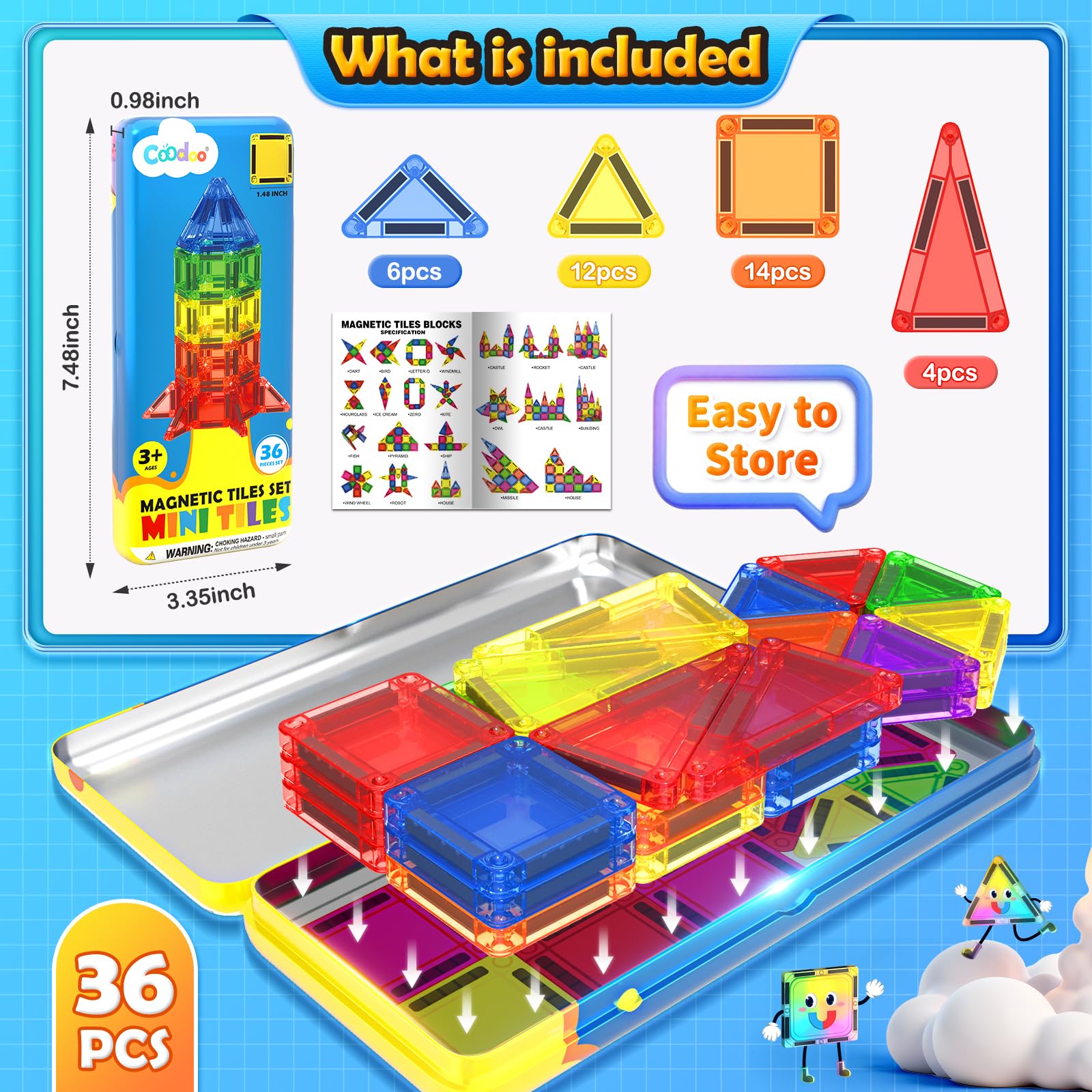 Magnetic Tiles Travel Essential Toys Mini Travel Toddler Set, 36PCS Magnetic Blocks Building Kids Toys