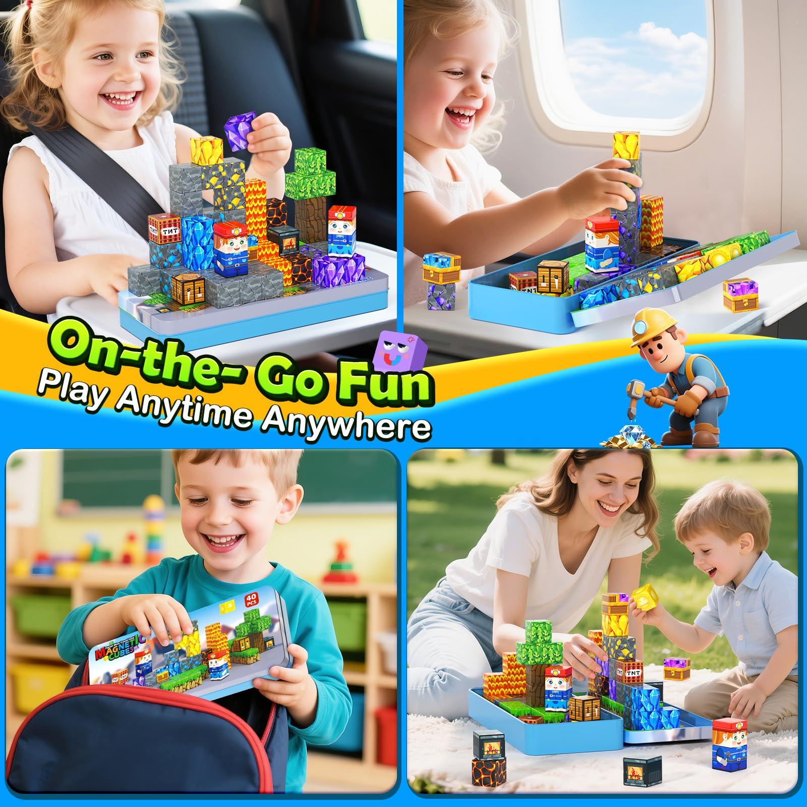 Magworld Magnetic Blocks Travel Toys 2 Packs with Metal Tin Travel Essentials STEM Learning Outdoor Building Kids