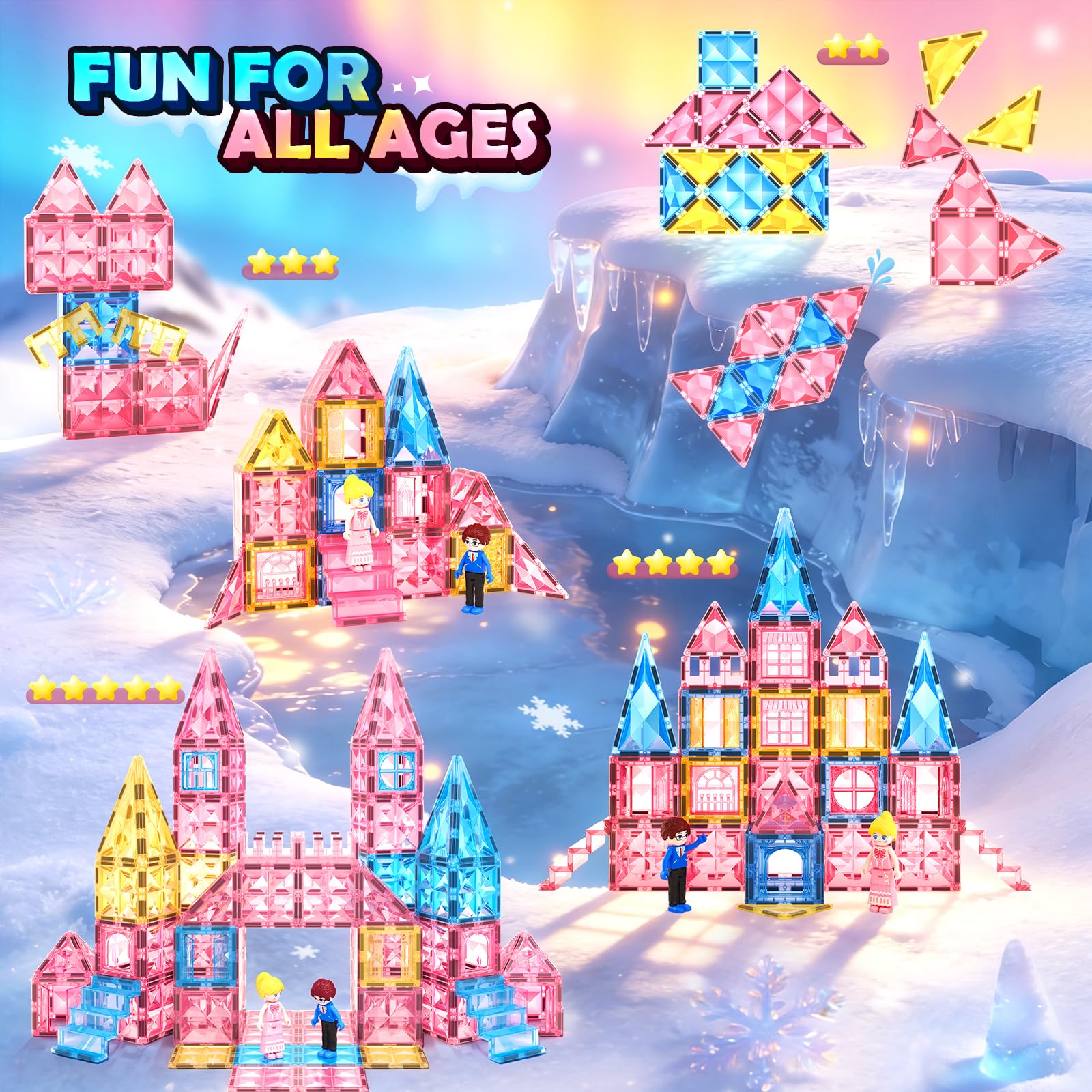 Magnetic Tiles 102pcs with 2 Stairs 2 Dolls Princess Castle Magnetic Building Blocks Girl Birthday Gifts