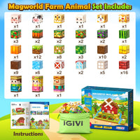 Magworld 100 PCS Magnetic Blocks - Build Mine Magnet World Farm Animals Set