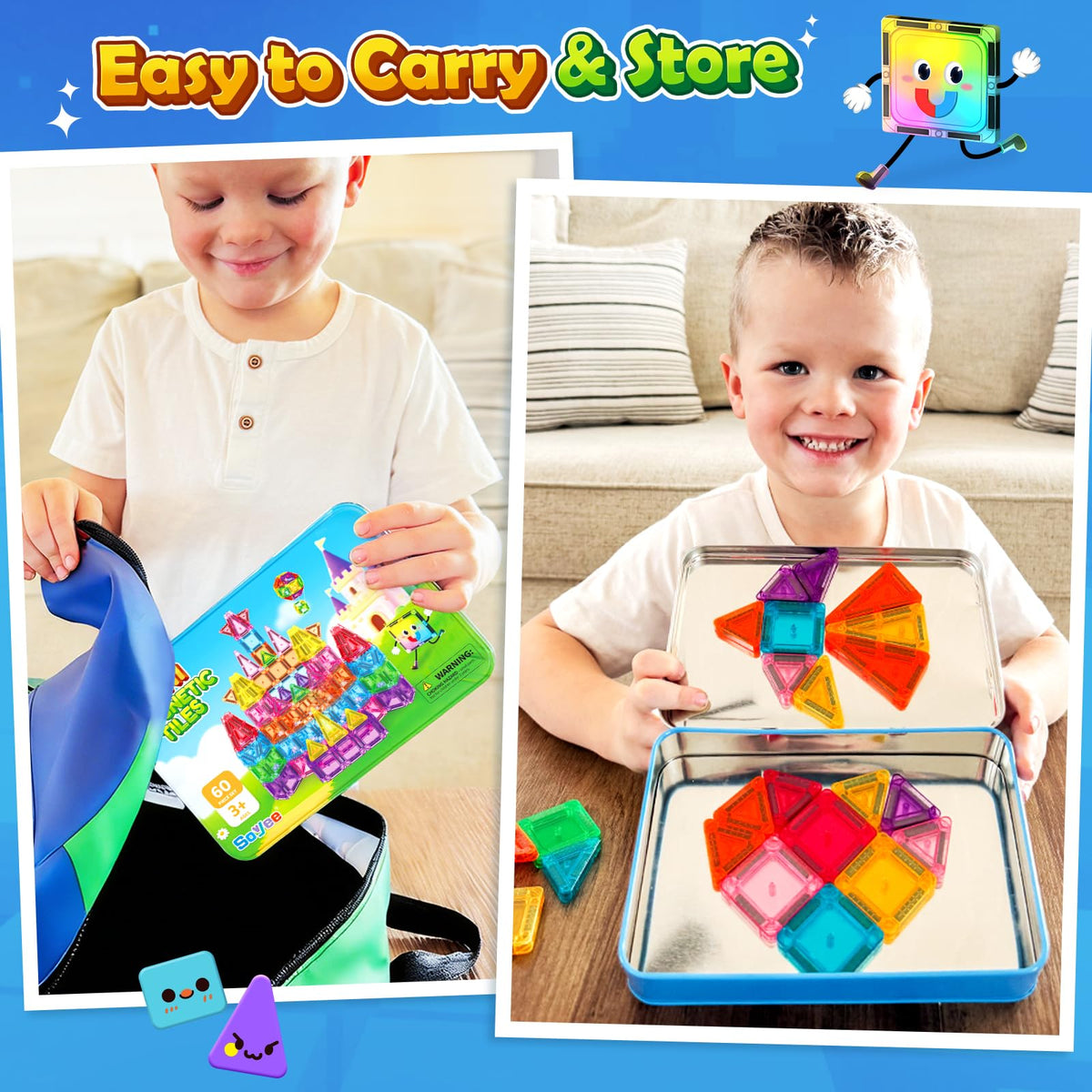 Mini Travel Magnetic Tiles 60PCS with Metal Tin Case Toddler Kids Toys Travel Essentials, Toddler Travel Toys Portable STEM Building Blocks