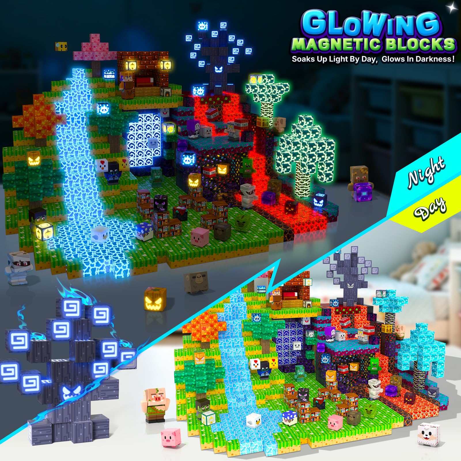 500PCS Magnetic Blocks with Light Up Blocks, Build Mine Magnet World Set