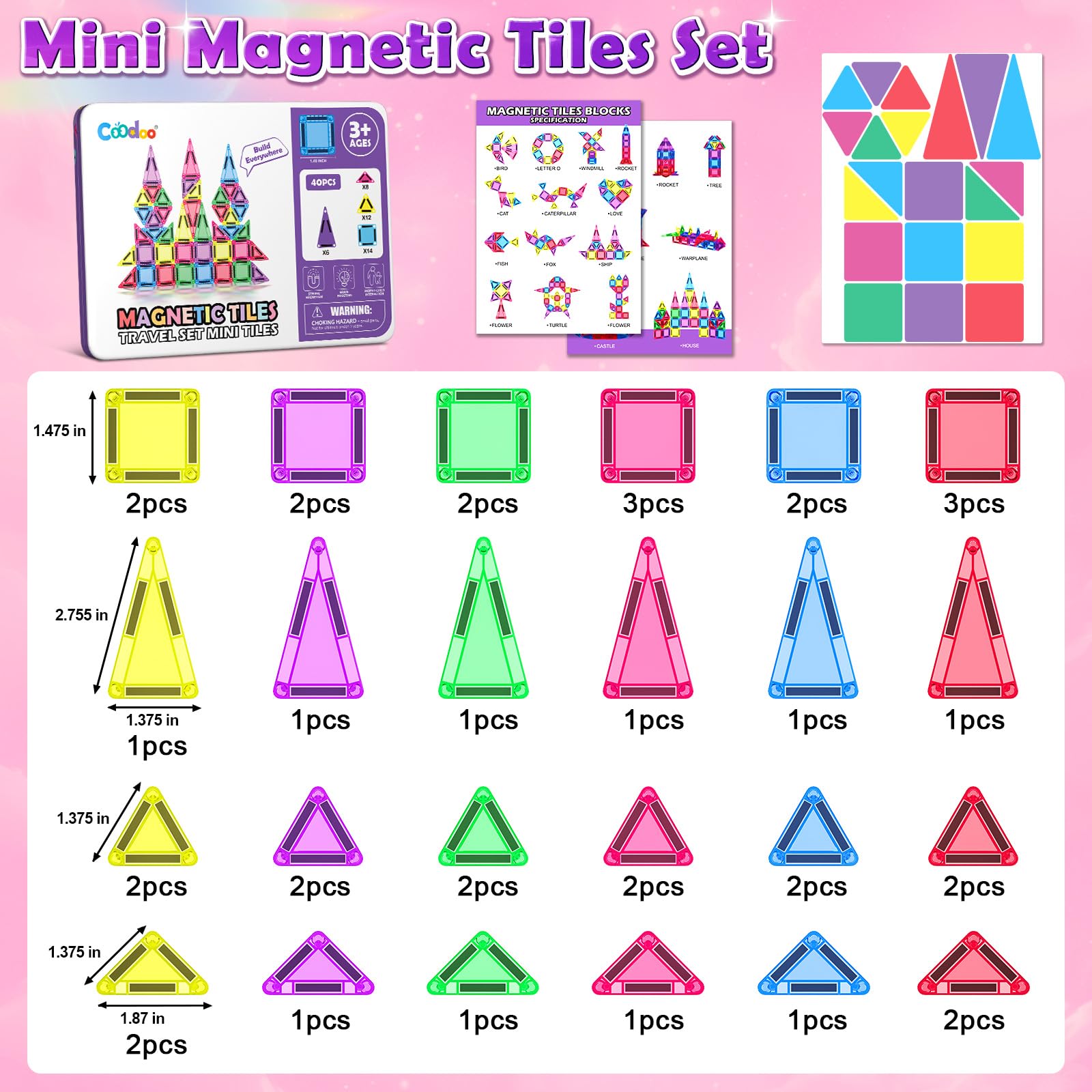 Magnetic Tiles Mini Travel Toys Set for Kids 40 PCS, Magnetic Blocks Building Toy Preschool Classroom Must Haves, Montessori  Toys