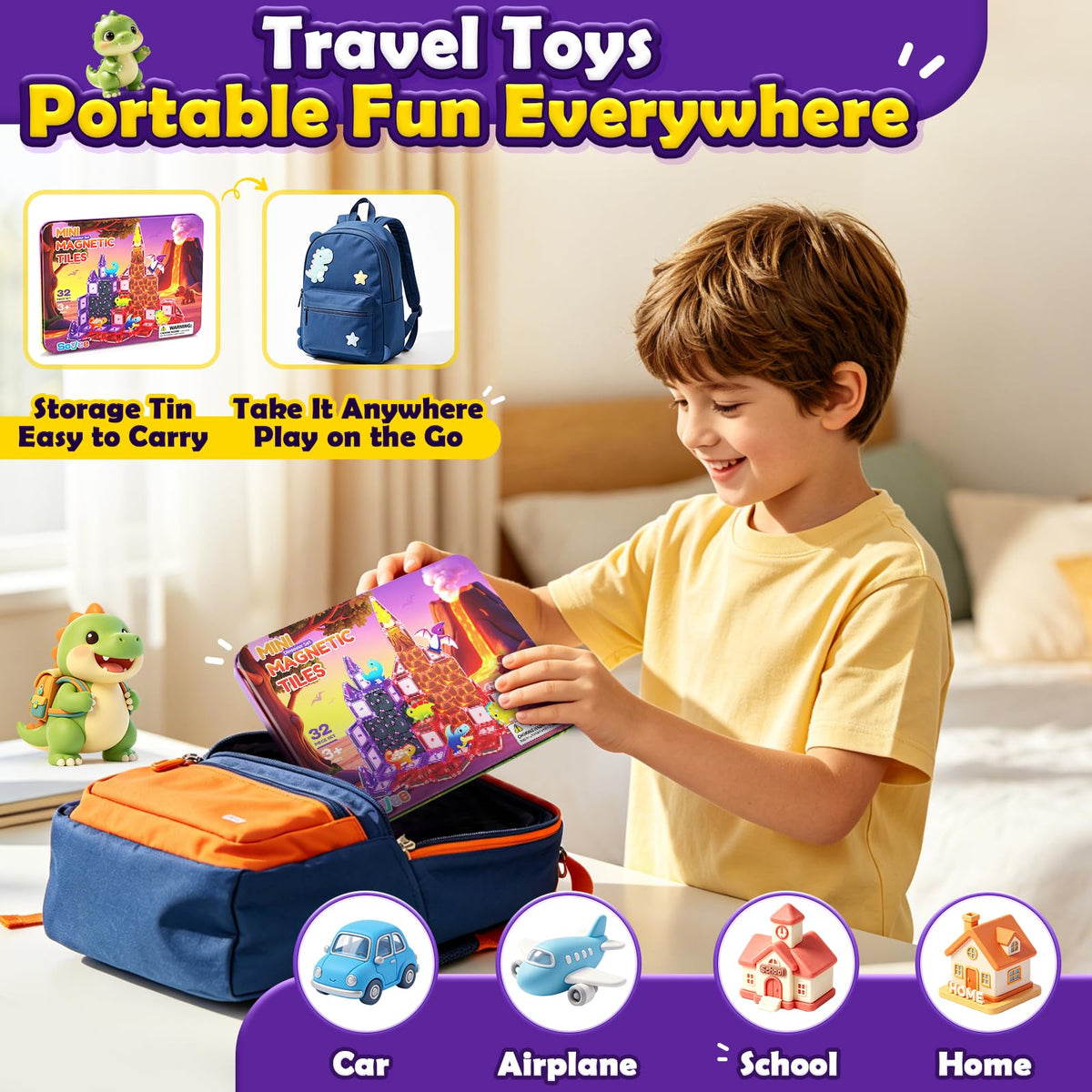 Mini Magnetic Tiles Kids Dinosaur Toys, Magnetic Blocks with 6 Dinosaurs
