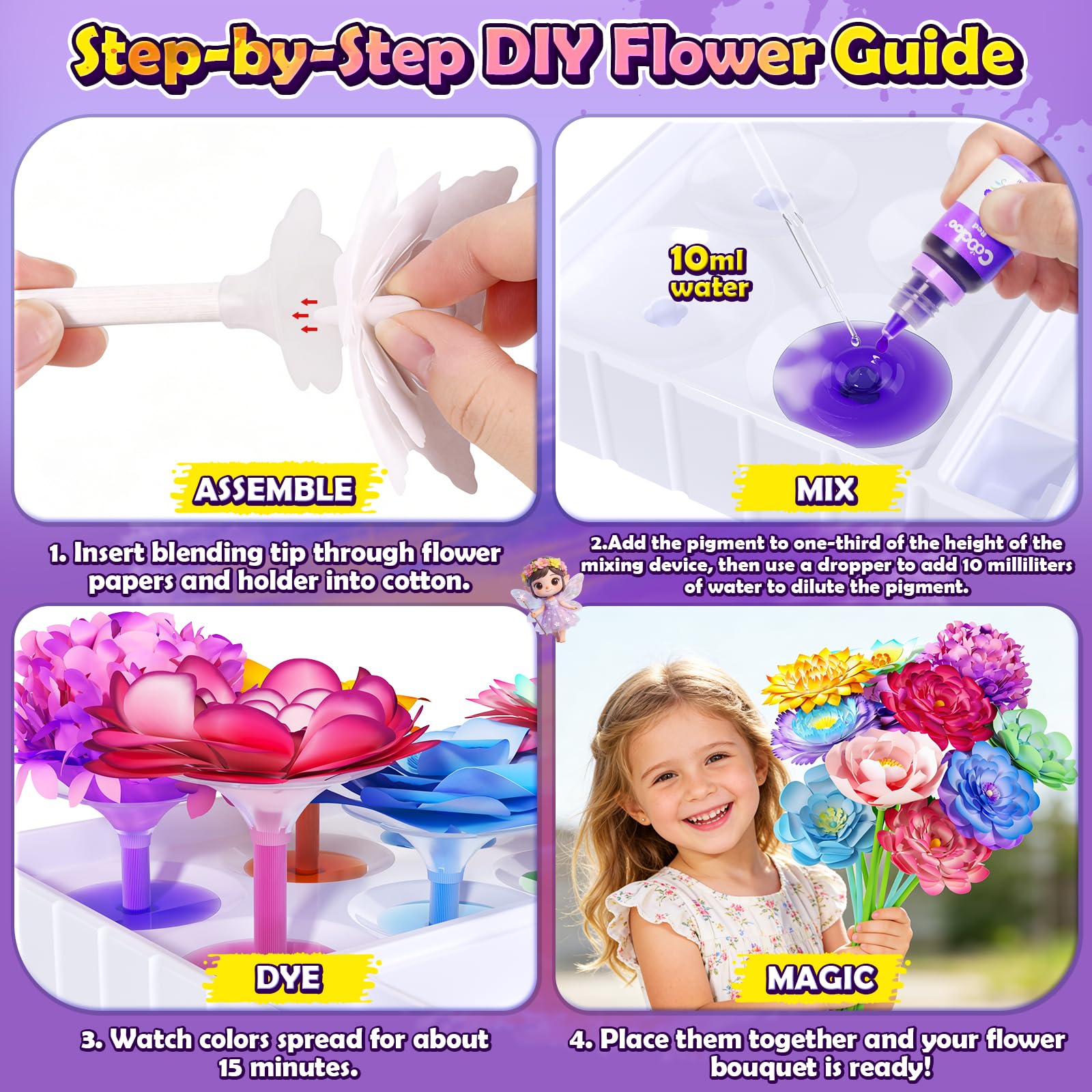 DIY Flower Craft Kits, Magic Dyeing Florist Bouquet Maker Art Supplies Arts and Crafts for Kids
