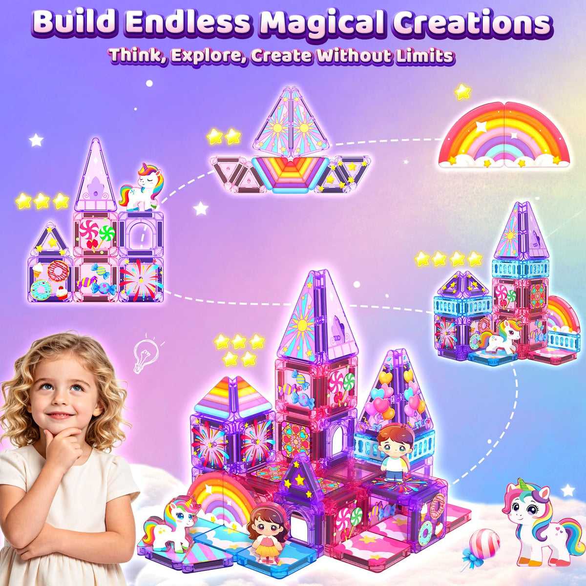 Mini Magnetic Tiles Building Blocks with 4 Unicorn Toys Girls Toys Gifts