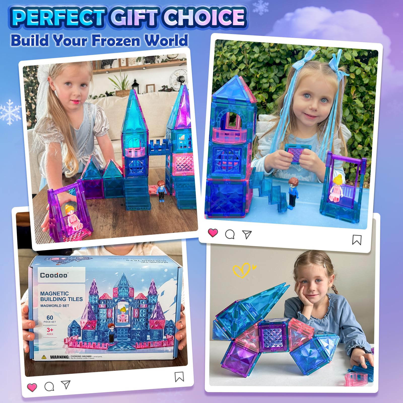 Diamond Magnetic Tiles & Building Blocks 60 PCS — Princess Toys for Girls & Boys, Toddler Girl Gifts