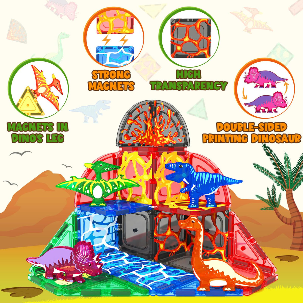 42PCS Lava Dinosaur World Set Magnetic Tiles-Coodoo
