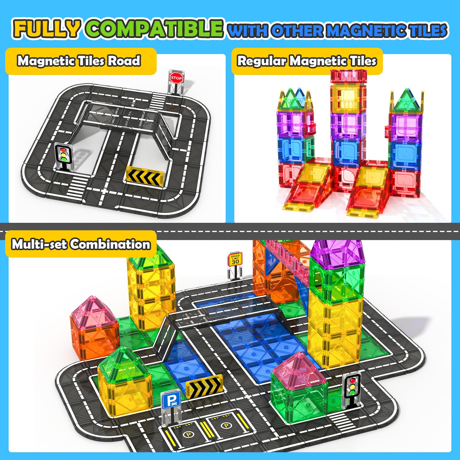 Magnetic Tiles Road Expansion Pack 42 PCS, STEM Magnetic Building Blocks for Kids, Educational Montessori Sensory Toys