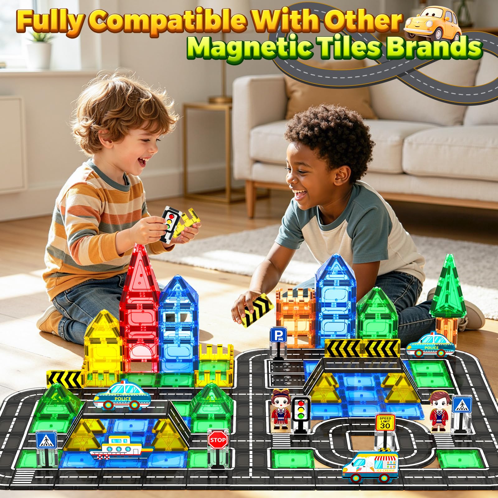 Magnetic Tiles Road Set 40 PCS, STEM Magnetic Blocks for Kids Construction Magnet Tiles