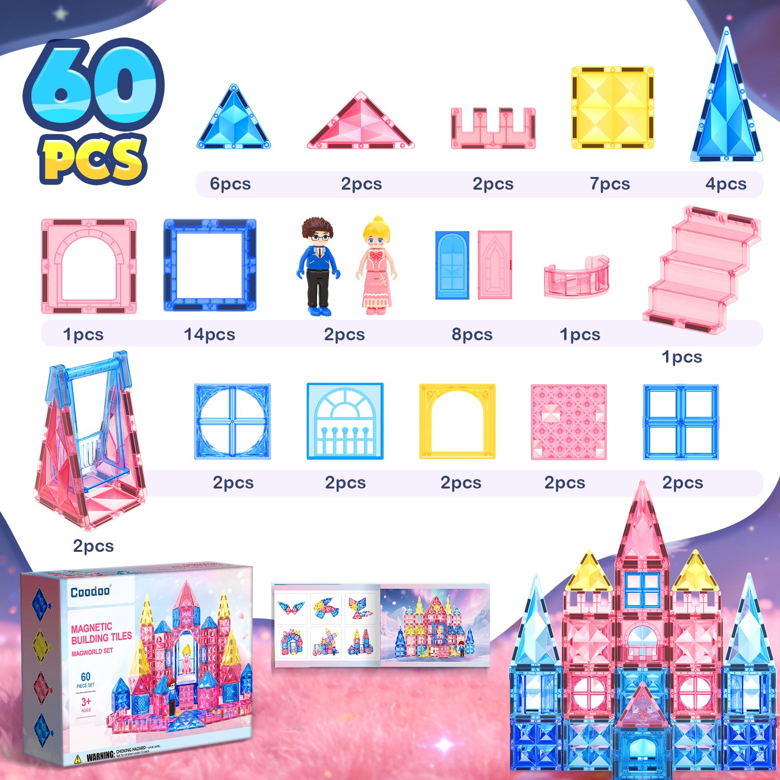 Diamond Magnetic Tiles Magnetic Building Blocks 60 PCS STEM Sensory Toy for Boys Girls Pink Castle Dollhouse