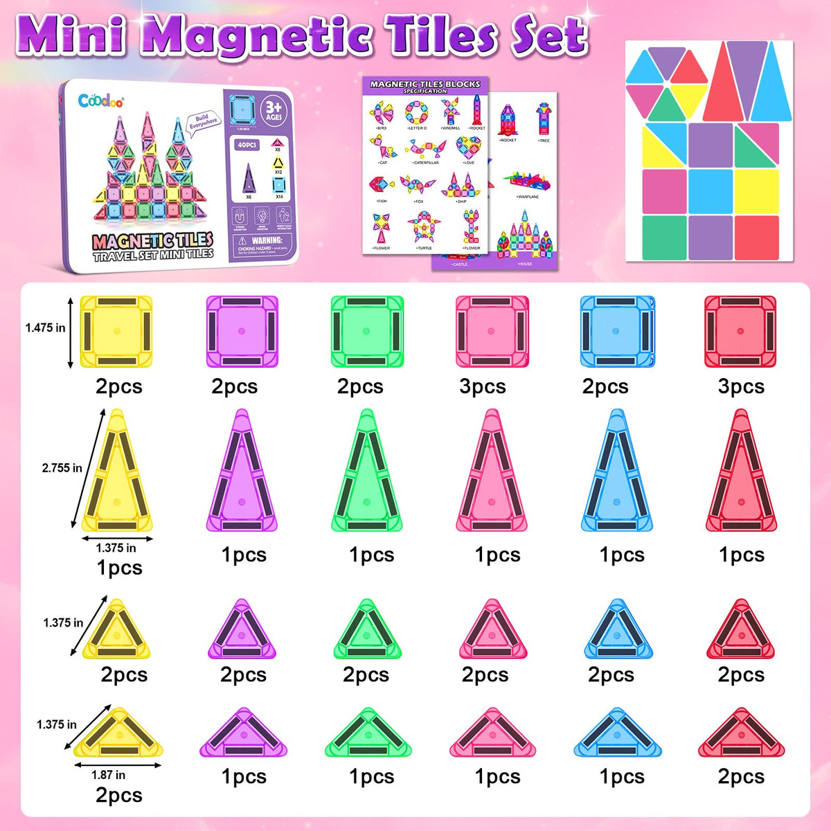 Magnetic Tiles Mini Travel Toys Set for Kids 40 PCS, Magnetic Blocks Building Toy Preschool Classroom Must Haves, Montessori  Toys