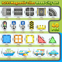 Magnetic Tiles Road Set 40 PCS, STEM Magnetic Blocks for Kids Construction Magnet Tiles