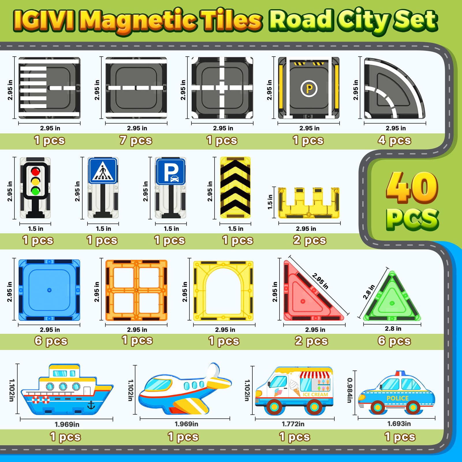 Magnetic Tiles Road Set 40 PCS, STEM Magnetic Blocks for Kids Construction Magnet Tiles
