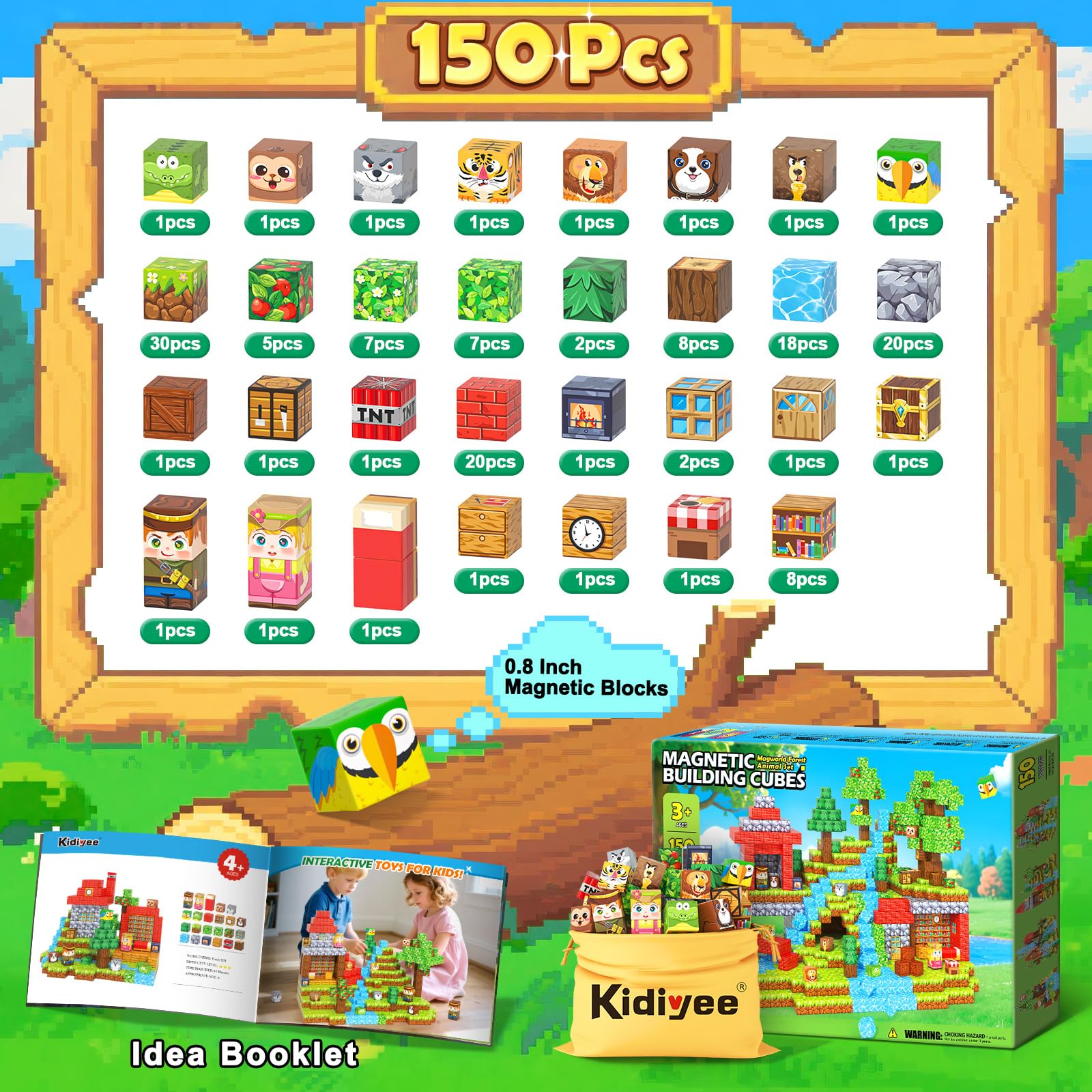 150PCS Magnetic Blocks - Mine Magnet World Forest Animal Set, Magnet Toys Games for Kids