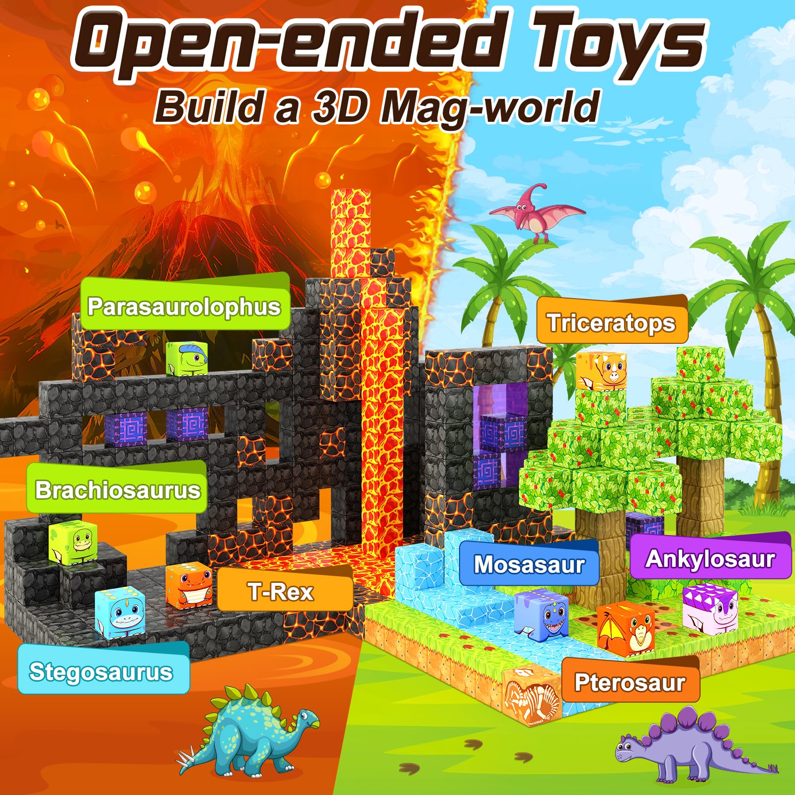 138 PCS Magworld Magnetic Cubes Magic Portal Blossom and Dinosaur 2 in 1 Set