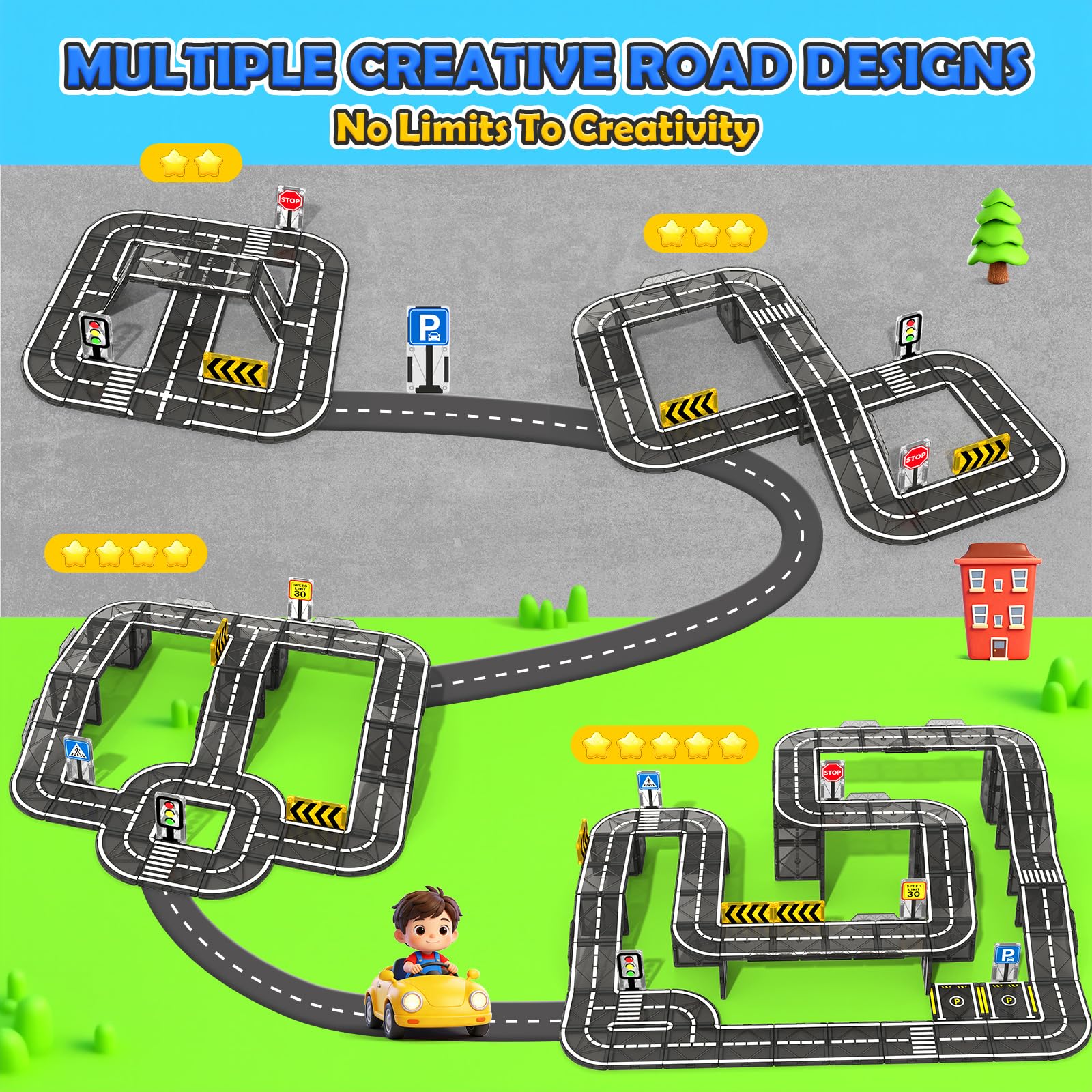 Magnetic Tiles Road Expansion Pack 42 PCS, STEM Magnetic Building Blocks for Kids, Educational Montessori Sensory Toys
