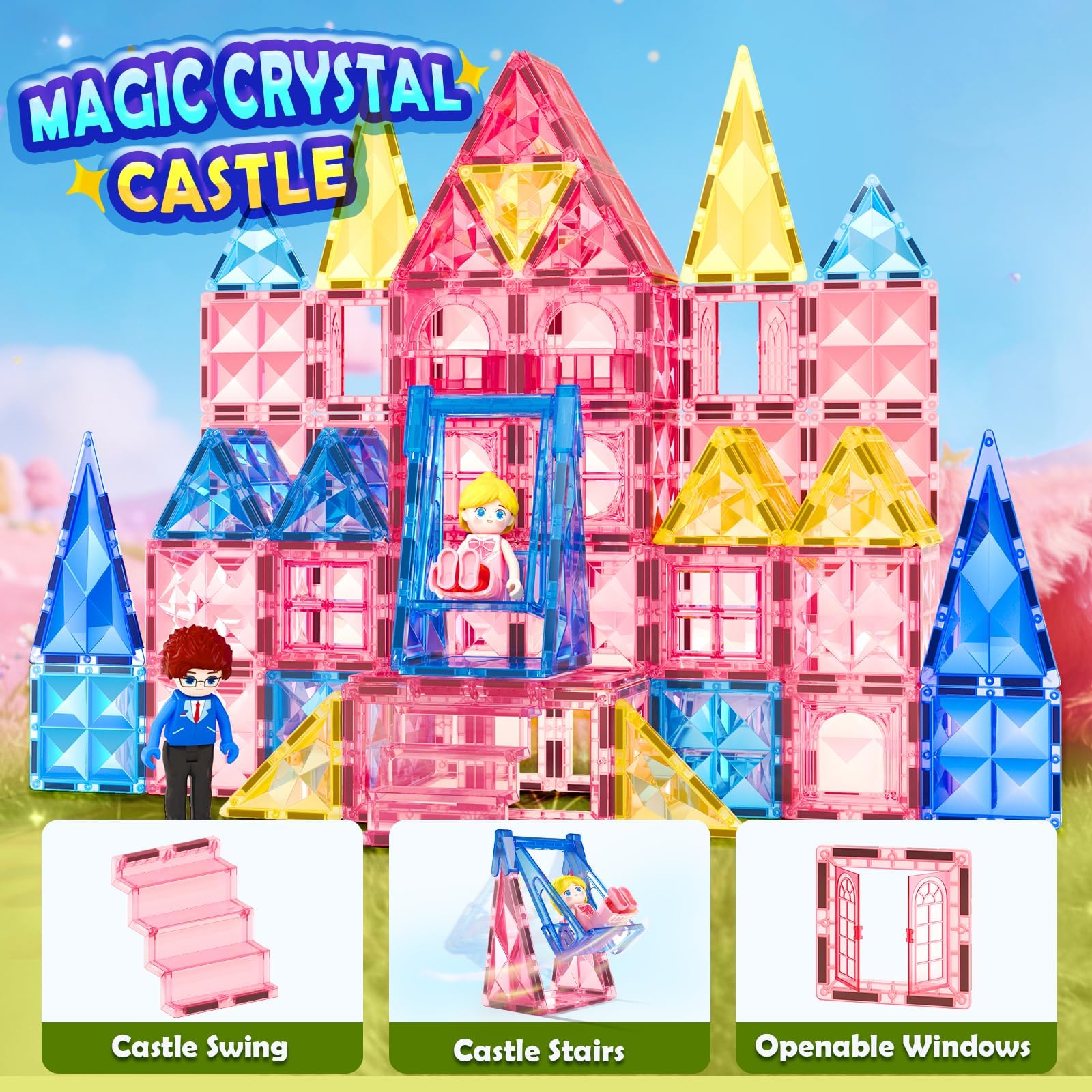 Diamond Magnetic Tiles Magnetic Building Blocks 60 PCS STEM Sensory Toy for Boys Girls Pink Castle Dollhouse