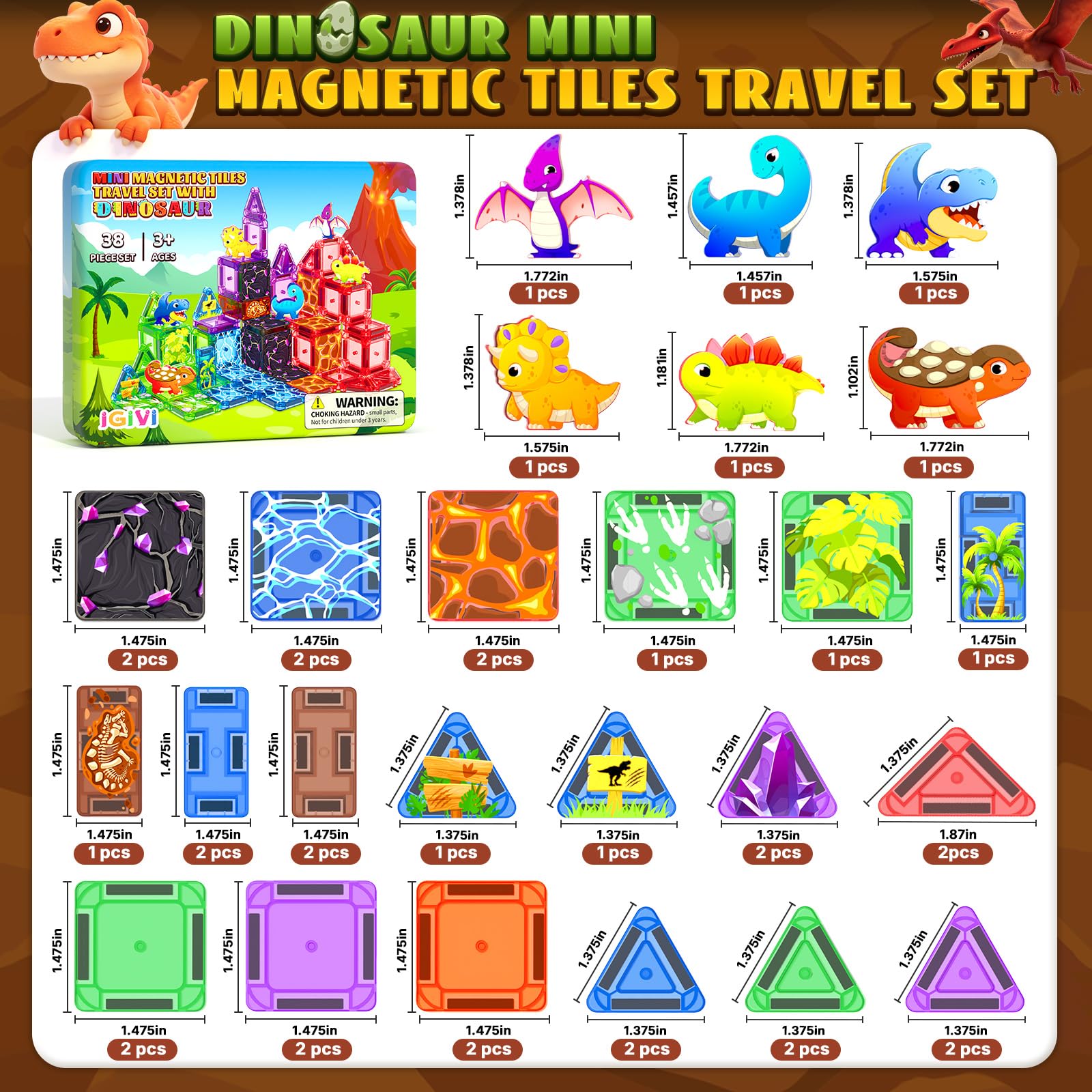 Mini Dinosaur Magnetic Tiles Travel Set for Toddlers, Magnet Toys with Case