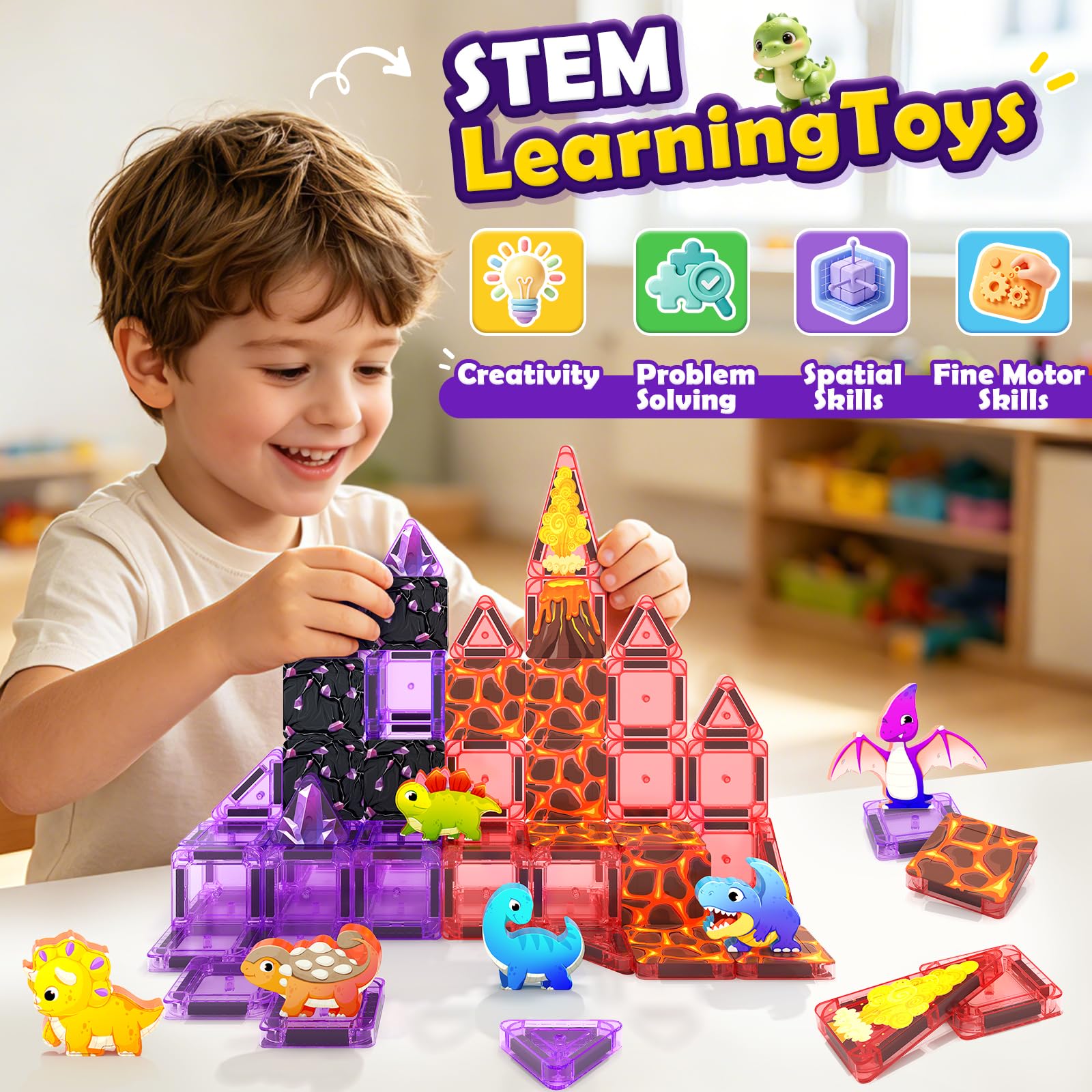 Mini Magnetic Tiles Kids Dinosaur Toys, Magnetic Blocks with 6 Dinosaurs