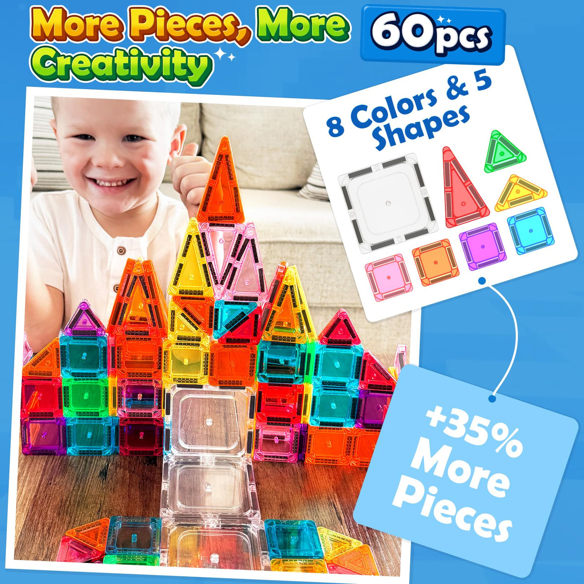 Mini Travel Magnetic Tiles 60PCS with Metal Tin Case Toddler Kids Toys Travel Essentials, Toddler Travel Toys Portable STEM Building Blocks