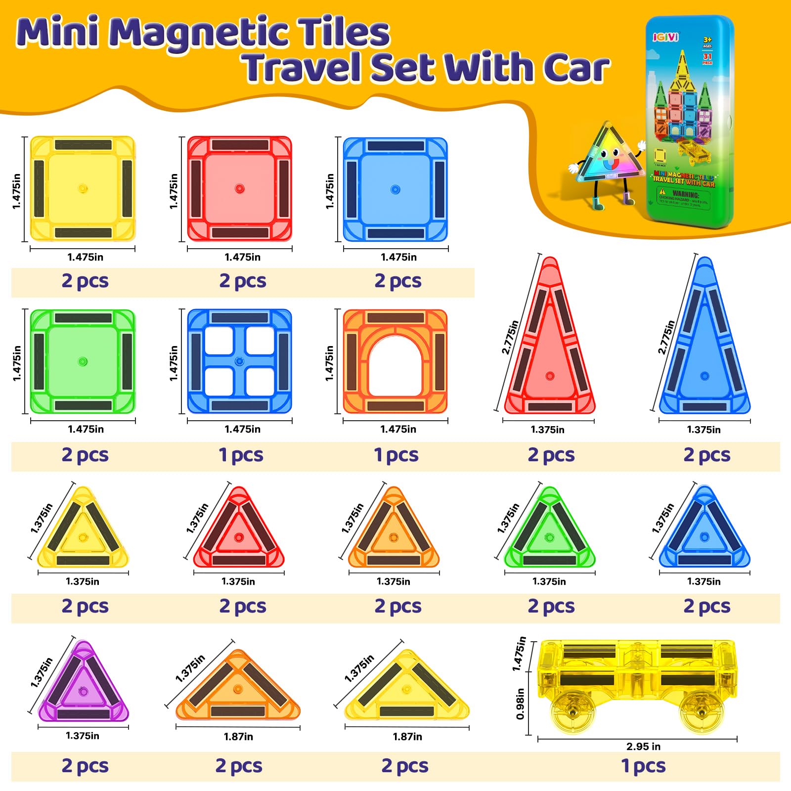 Mini Magnetic Tiles Travel Set with Car 31 PCS Magnetic Toys for Toddlers Portable Travel Kids Toys with Metal Storage Box