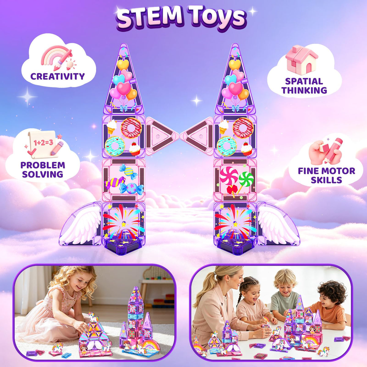 Mini Magnetic Tiles Building Blocks with 4 Unicorn Toys Girls Toys Gifts